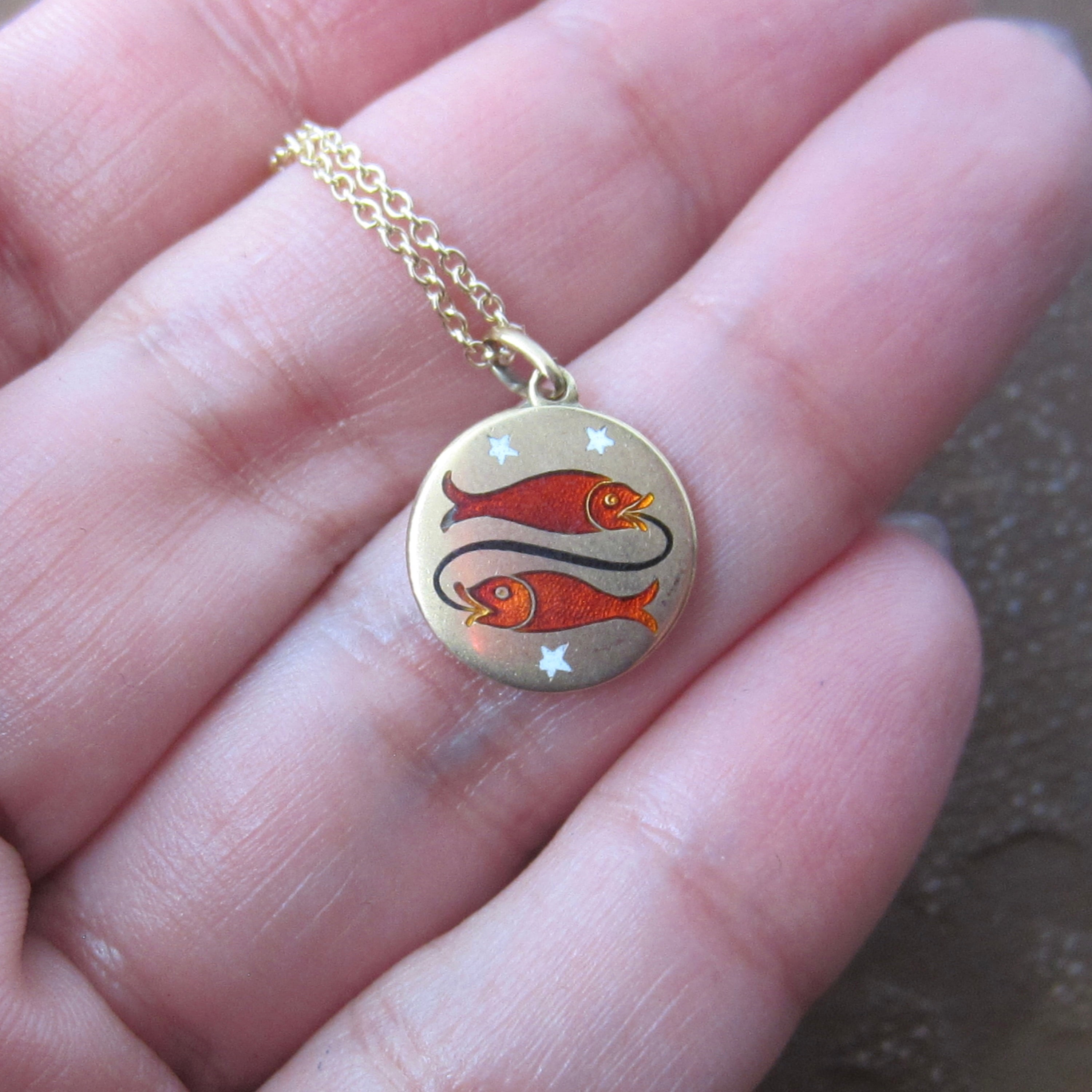 Vintage 18k Gold Enamel Pisces Zodiac Charm Necklace c.1930s