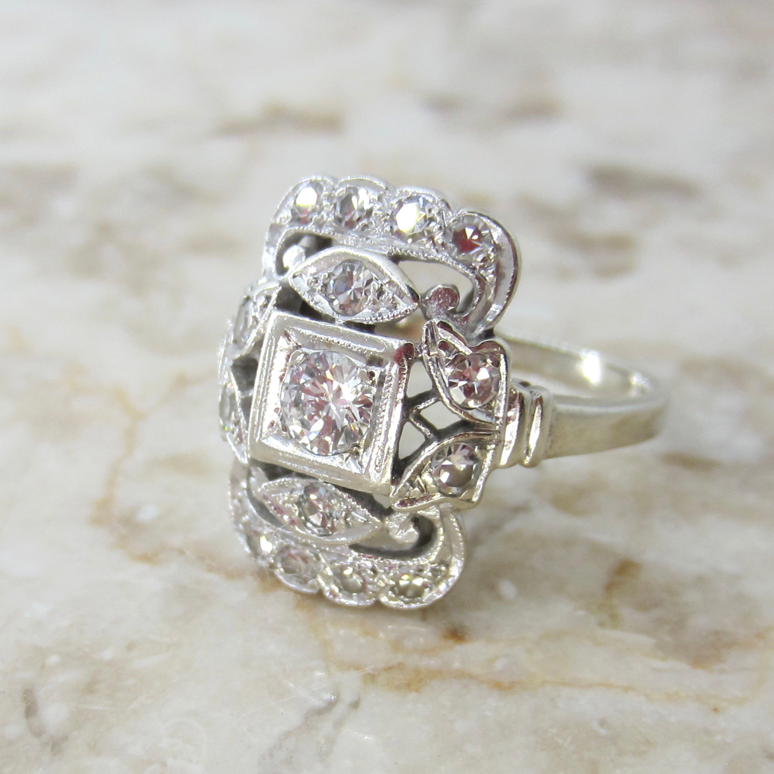 Antique Art Deco 14k White Gold Natural Diamond Ring c.1930s