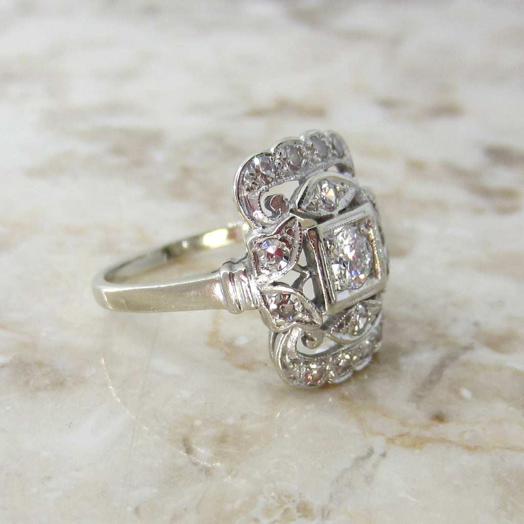 Antique Art Deco 14k White Gold Natural Diamond Ring c.1930s