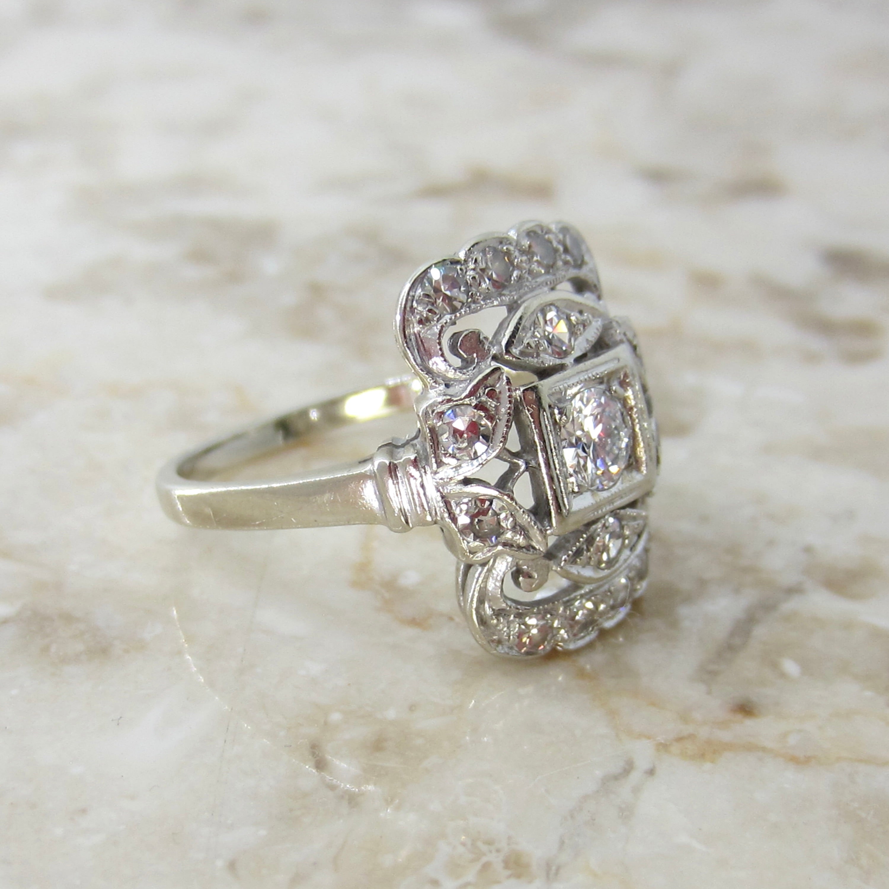 Antique Art Deco 14k White Gold Natural Diamond Ring c.1930s
