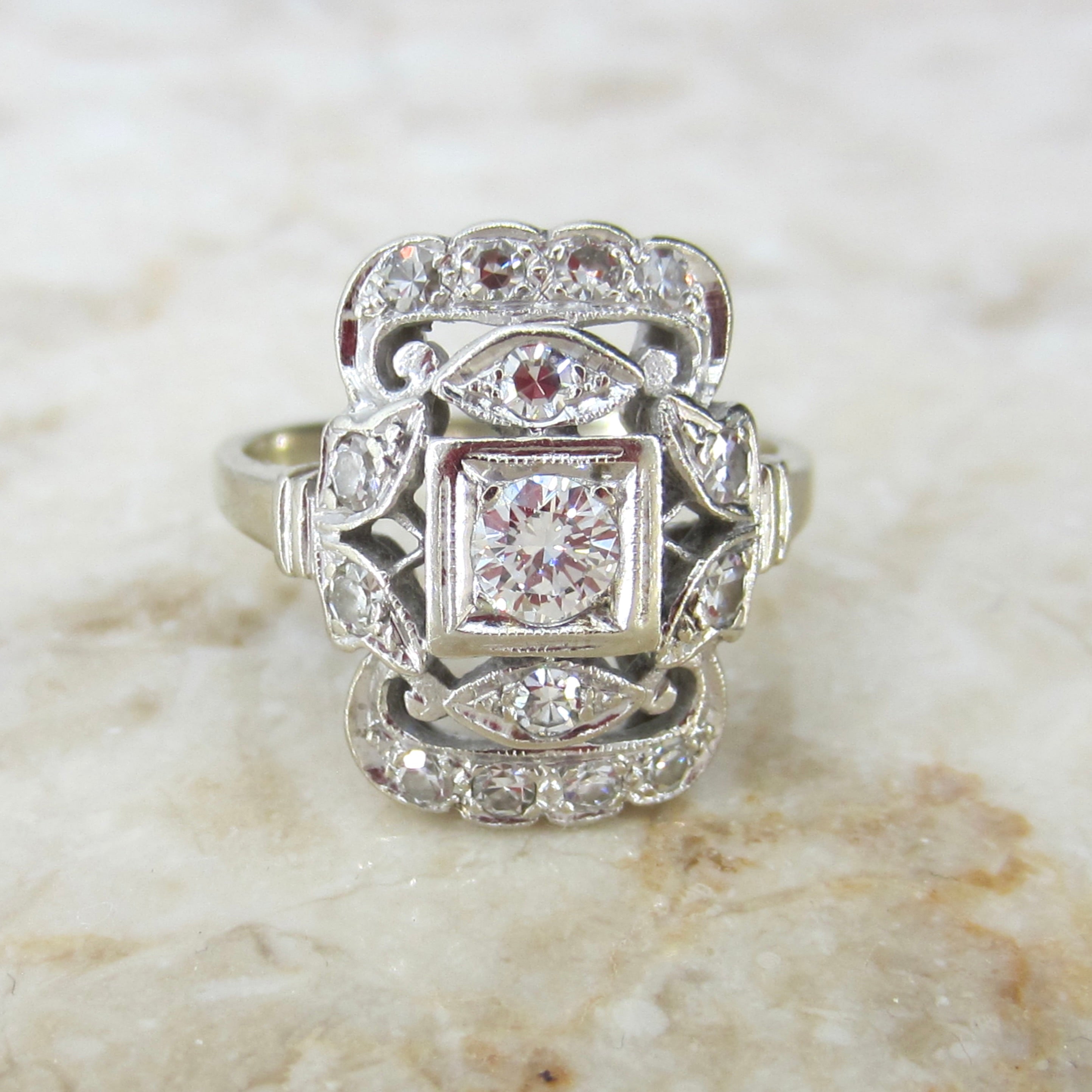 Antique Art Deco 14k White Gold Natural Diamond Ring c.1930s