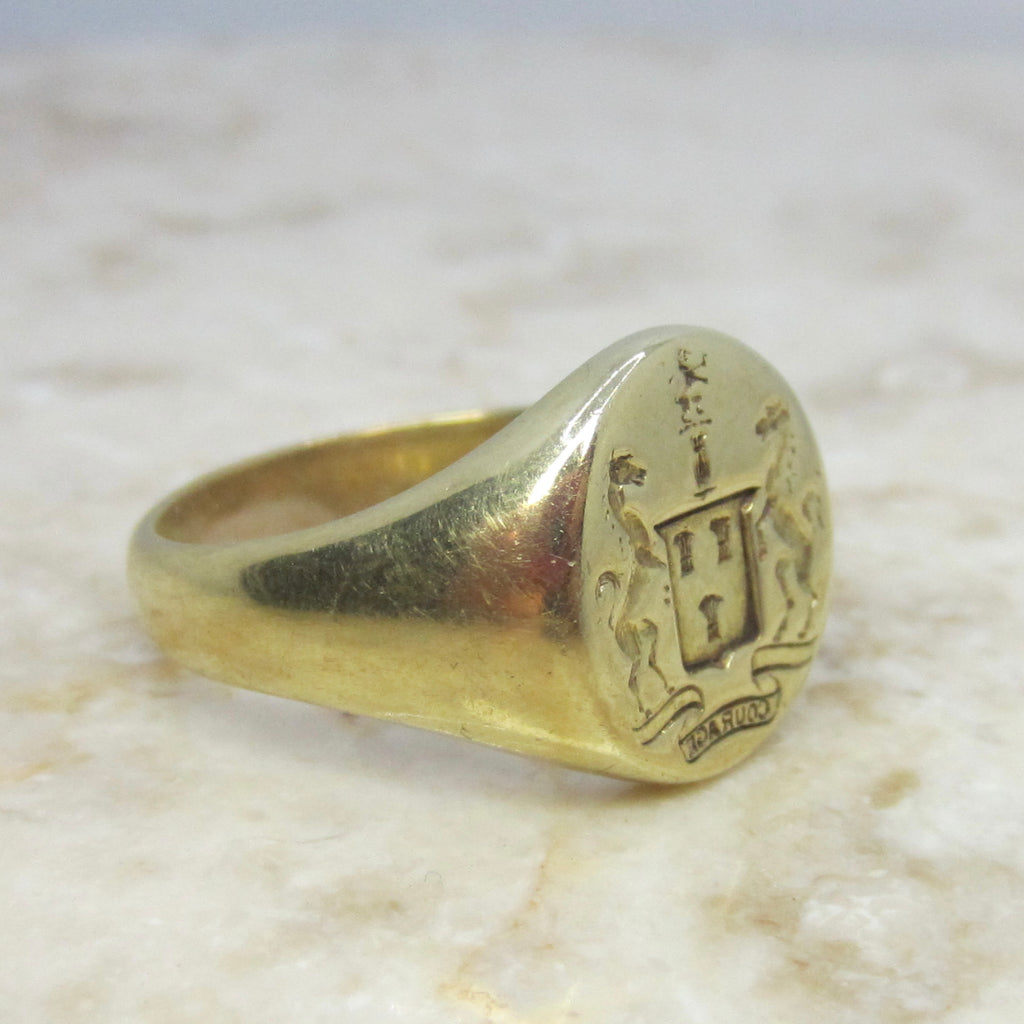 Vintage 14k gold Signet Ring COURAGE Horses Equestrian Mens Signet Ring c.1930s