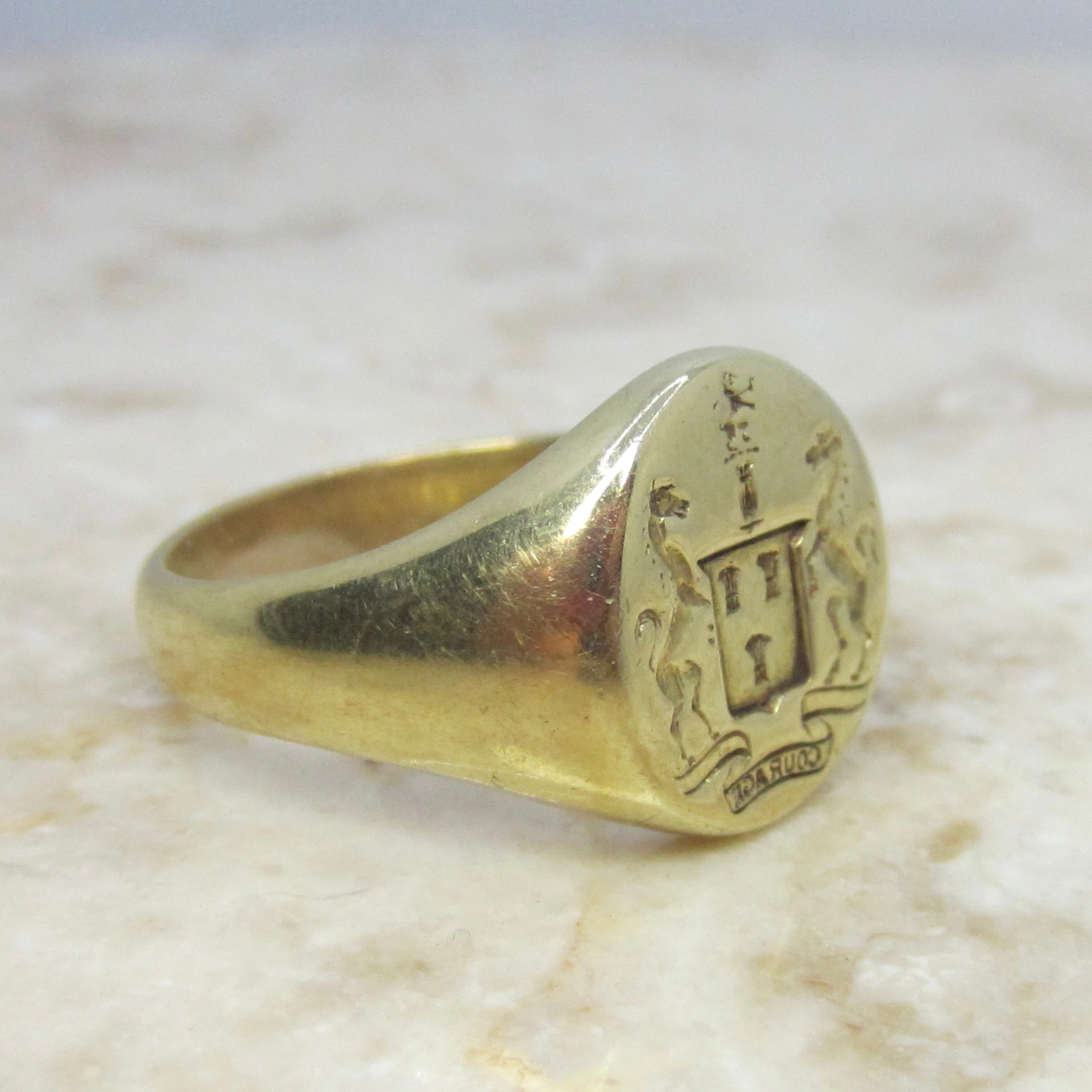 Vintage 14k gold Signet Ring COURAGE Horses Equestrian Mens Signet Ring c.1930s