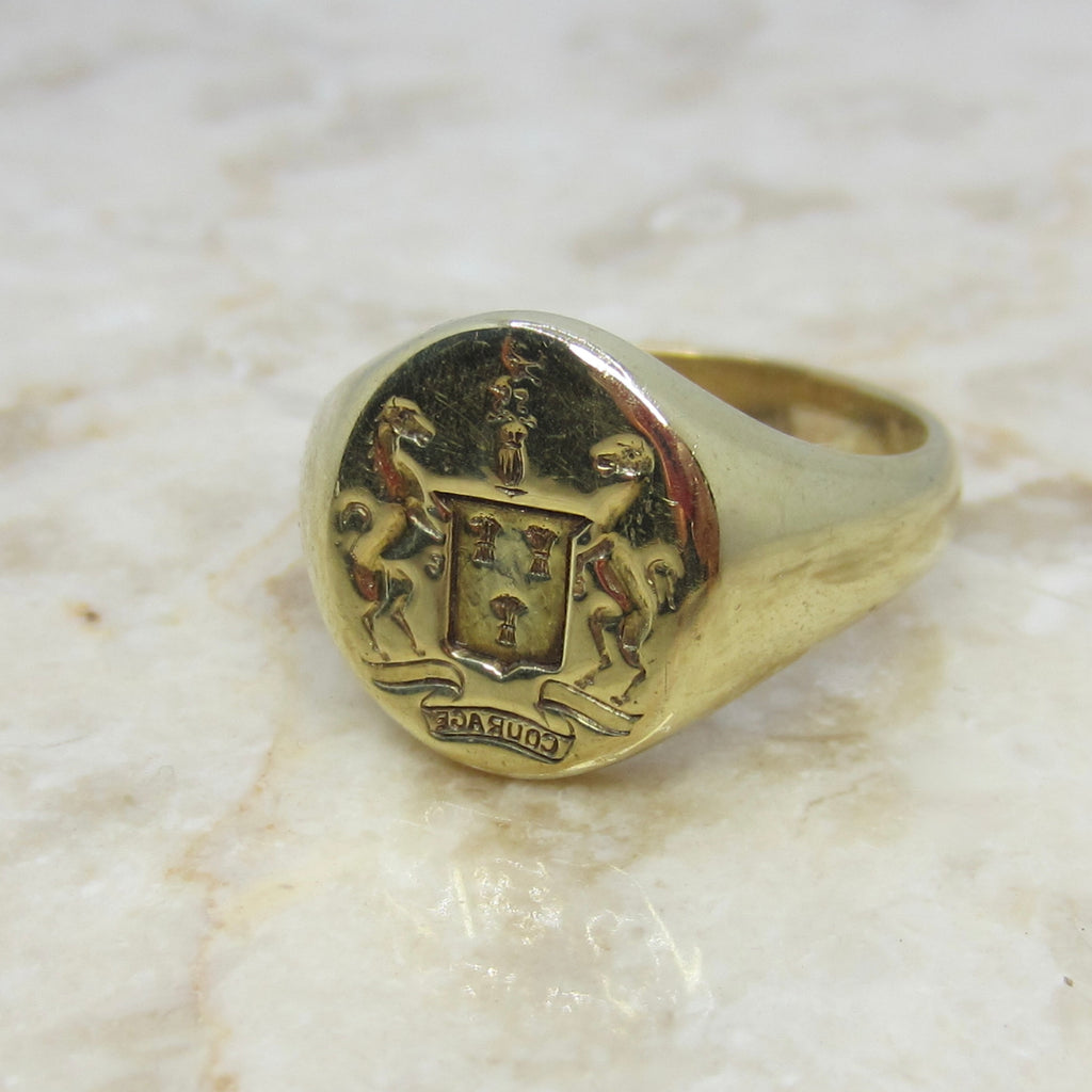 Vintage 14k gold Signet Ring COURAGE Horses Equestrian Mens Signet Ring c.1930s