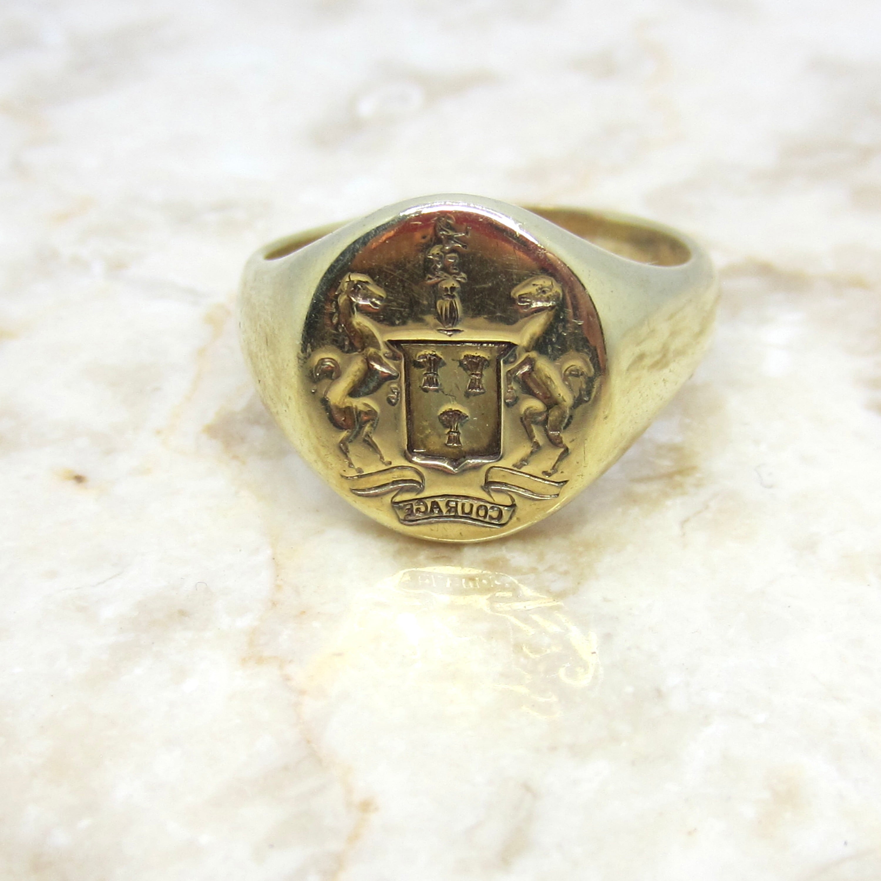 Vintage 14k gold Signet Ring COURAGE Horses Equestrian Mens Signet Ring c.1930s