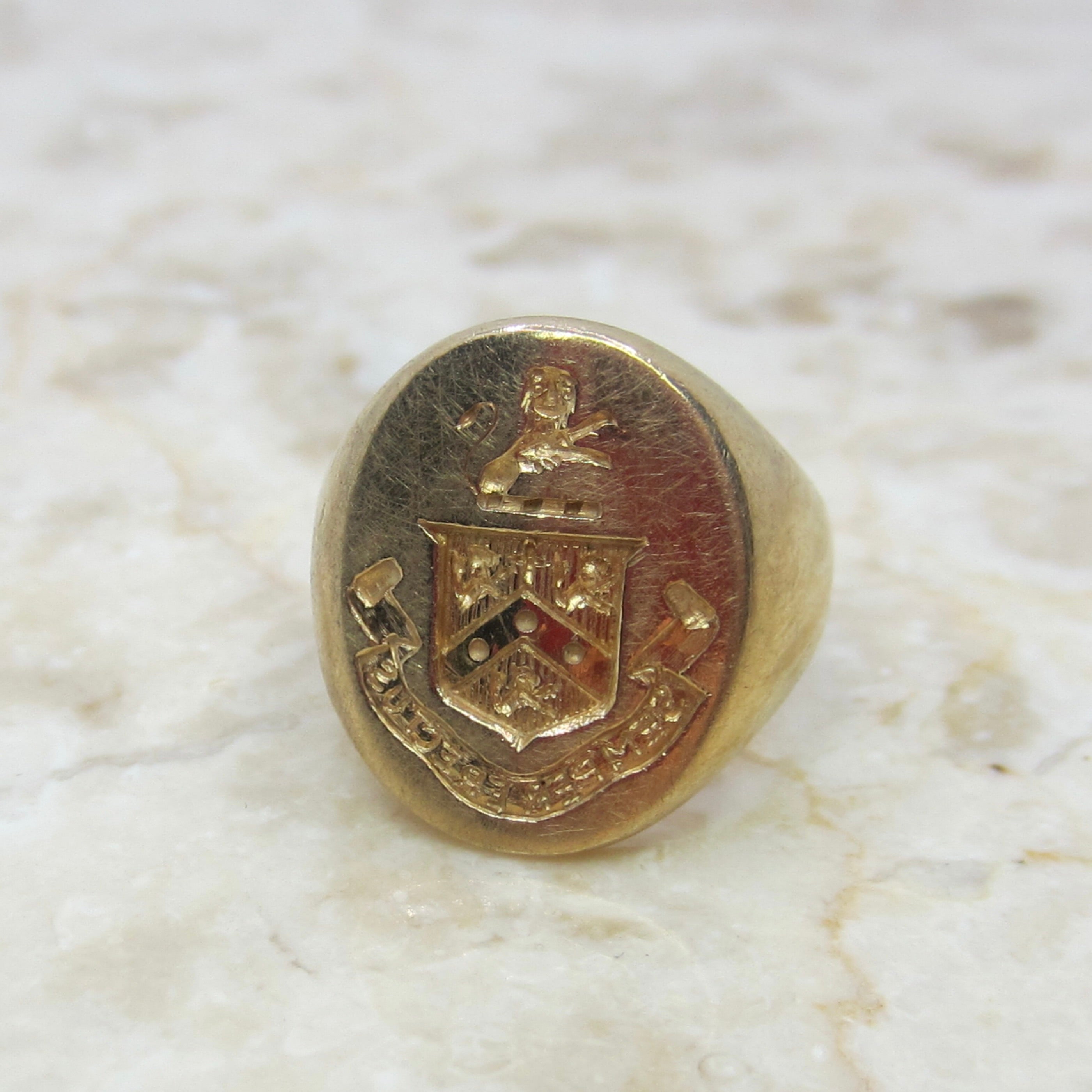 Antique 14K Gold Signet Ring – Heraldic Crest Shield Ring –Yellow Gold Pinky Ring – Semper Erectus c.1900
