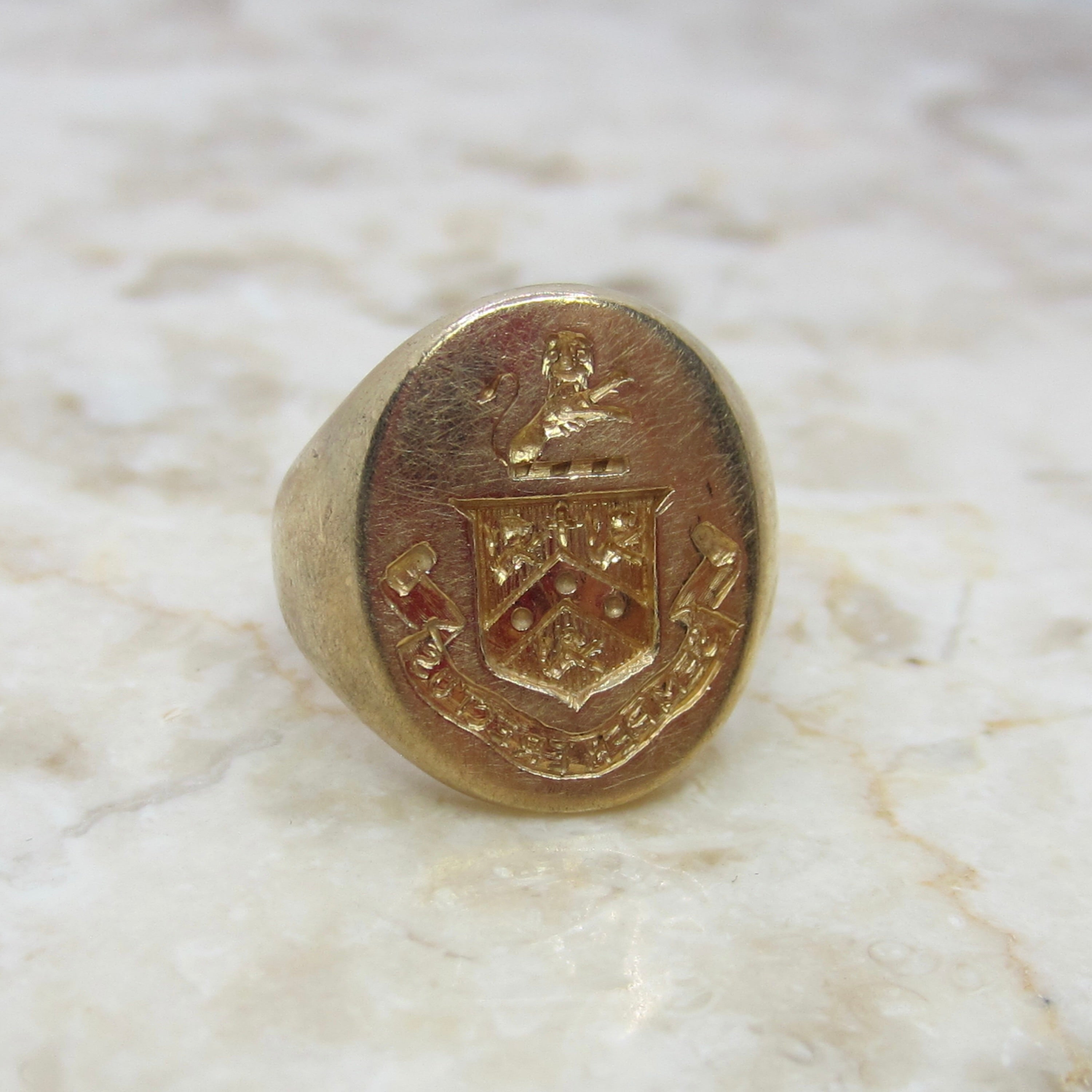 Antique 14K Gold Signet Ring – Heraldic Crest Shield Ring –Yellow Gold Pinky Ring – Semper Erectus c.1900