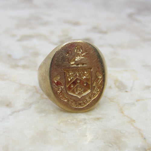 Antique 14K Gold Signet Ring – Heraldic Crest Shield Ring –Yellow Gold Pinky Ring – Semper Erectus c.1900