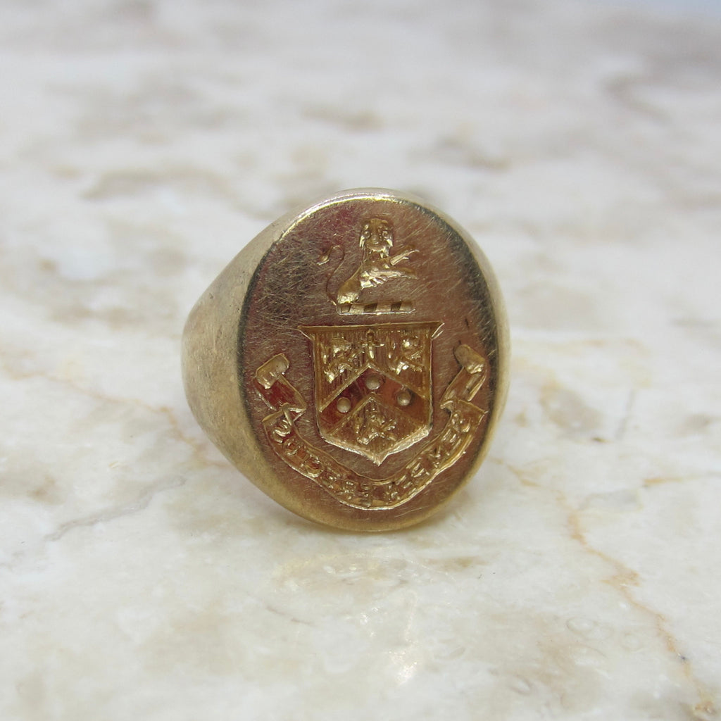 Antique 14K Gold Signet Ring – Heraldic Crest Shield Ring –Yellow Gold Pinky Ring – Semper Erectus c.1900