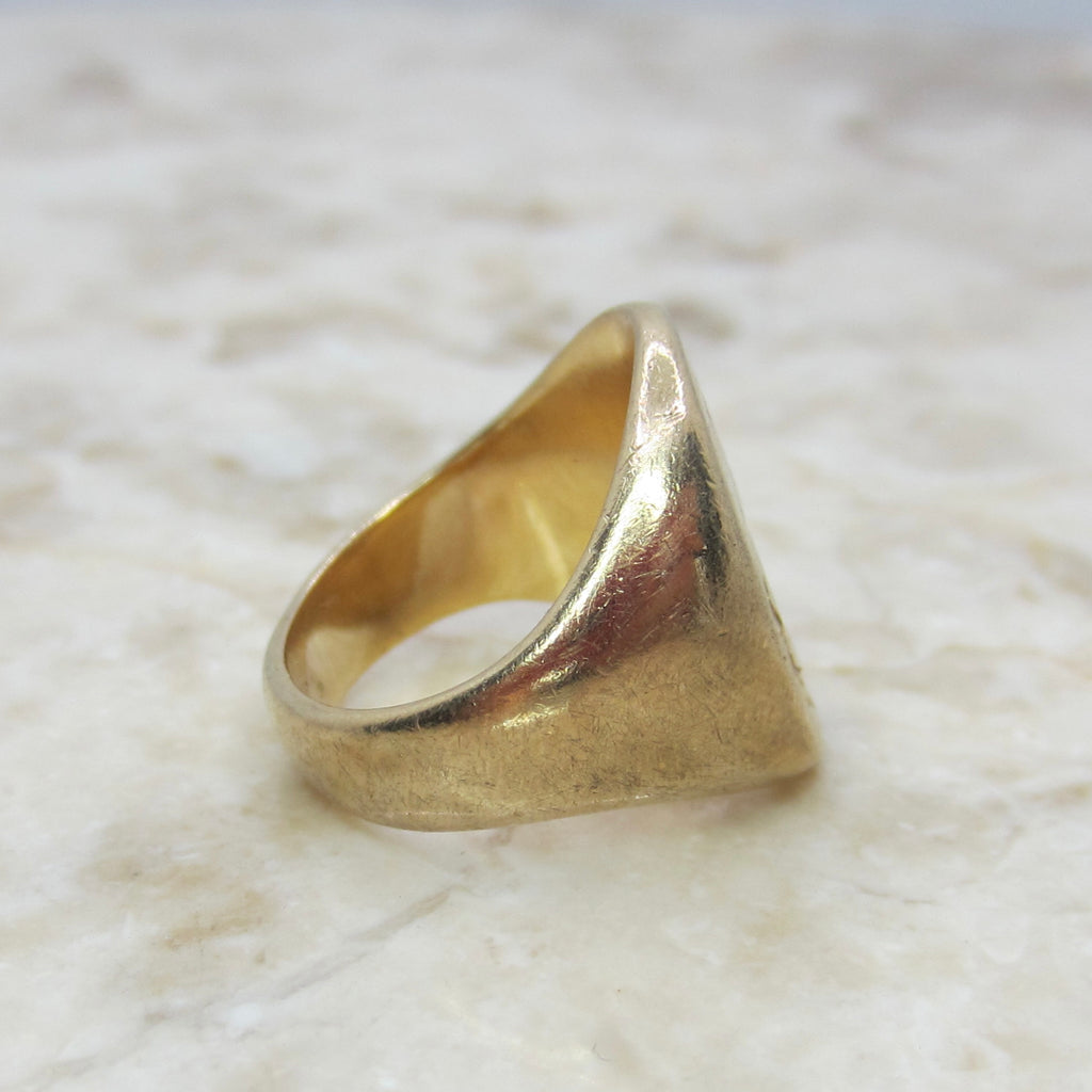 Antique 14K Gold Signet Ring – Heraldic Crest Shield Ring –Yellow Gold Pinky Ring – Semper Erectus c.1900