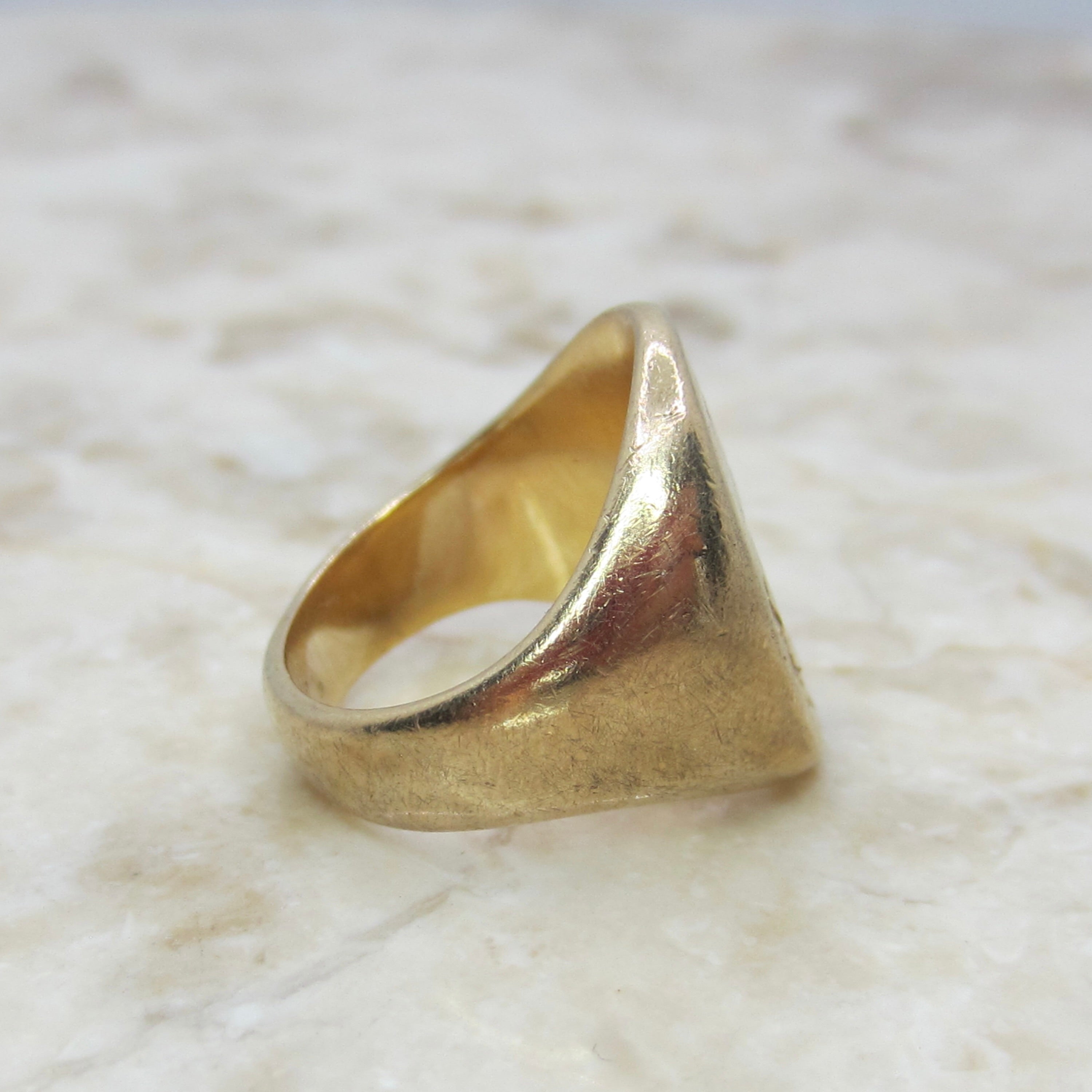 Antique 14K Gold Signet Ring – Heraldic Crest Shield Ring –Yellow Gold Pinky Ring – Semper Erectus c.1900