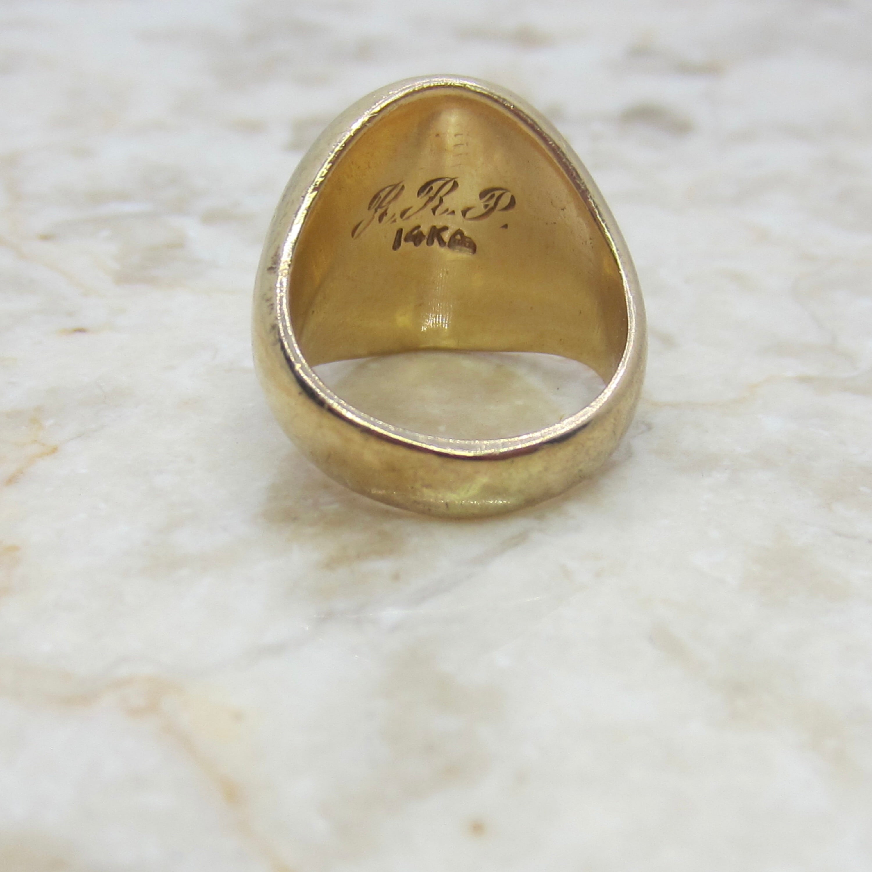 Antique 14K Gold Signet Ring – Heraldic Crest Shield Ring –Yellow Gold Pinky Ring – Semper Erectus c.1900