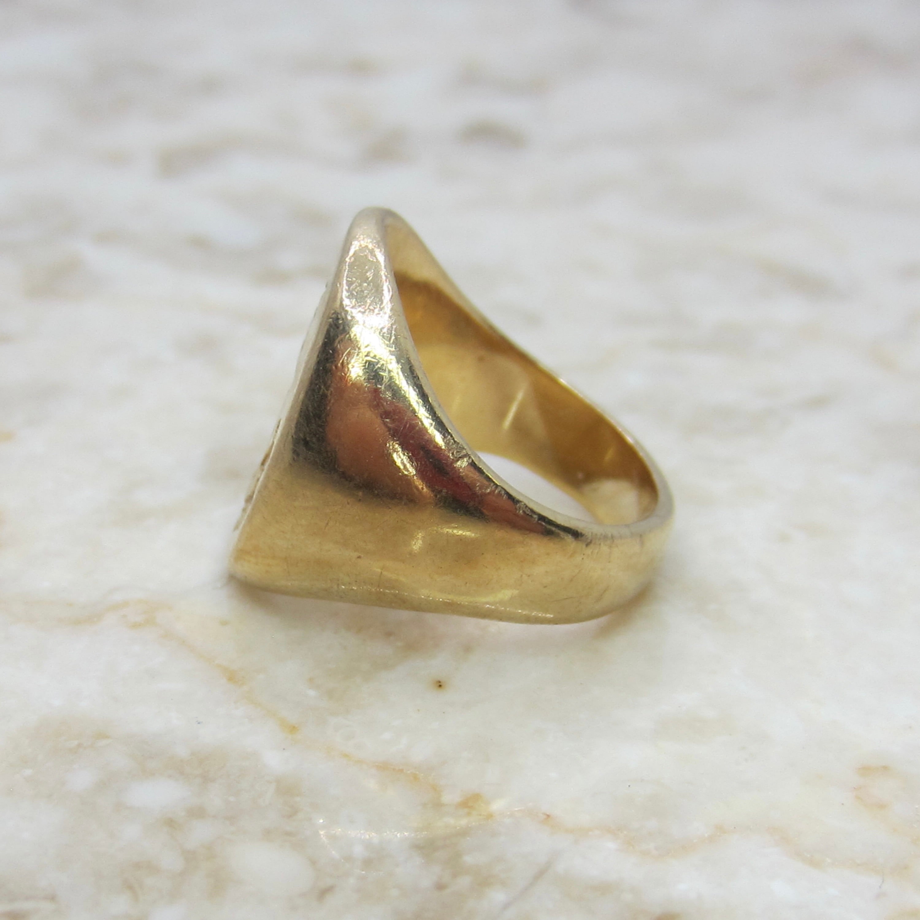 Antique 14K Gold Signet Ring – Heraldic Crest Shield Ring –Yellow Gold Pinky Ring – Semper Erectus c.1900