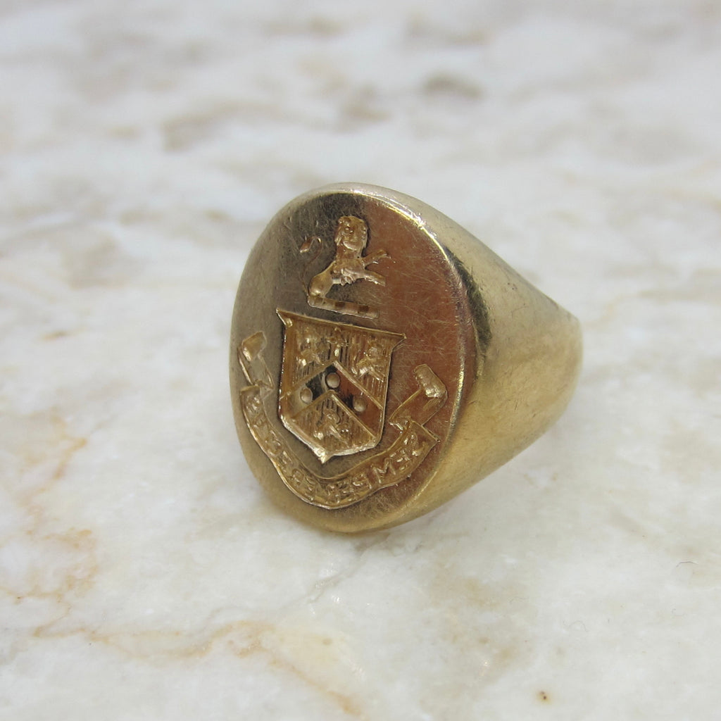 Antique 14K Gold Signet Ring – Heraldic Crest Shield Ring –Yellow Gold Pinky Ring – Semper Erectus c.1900