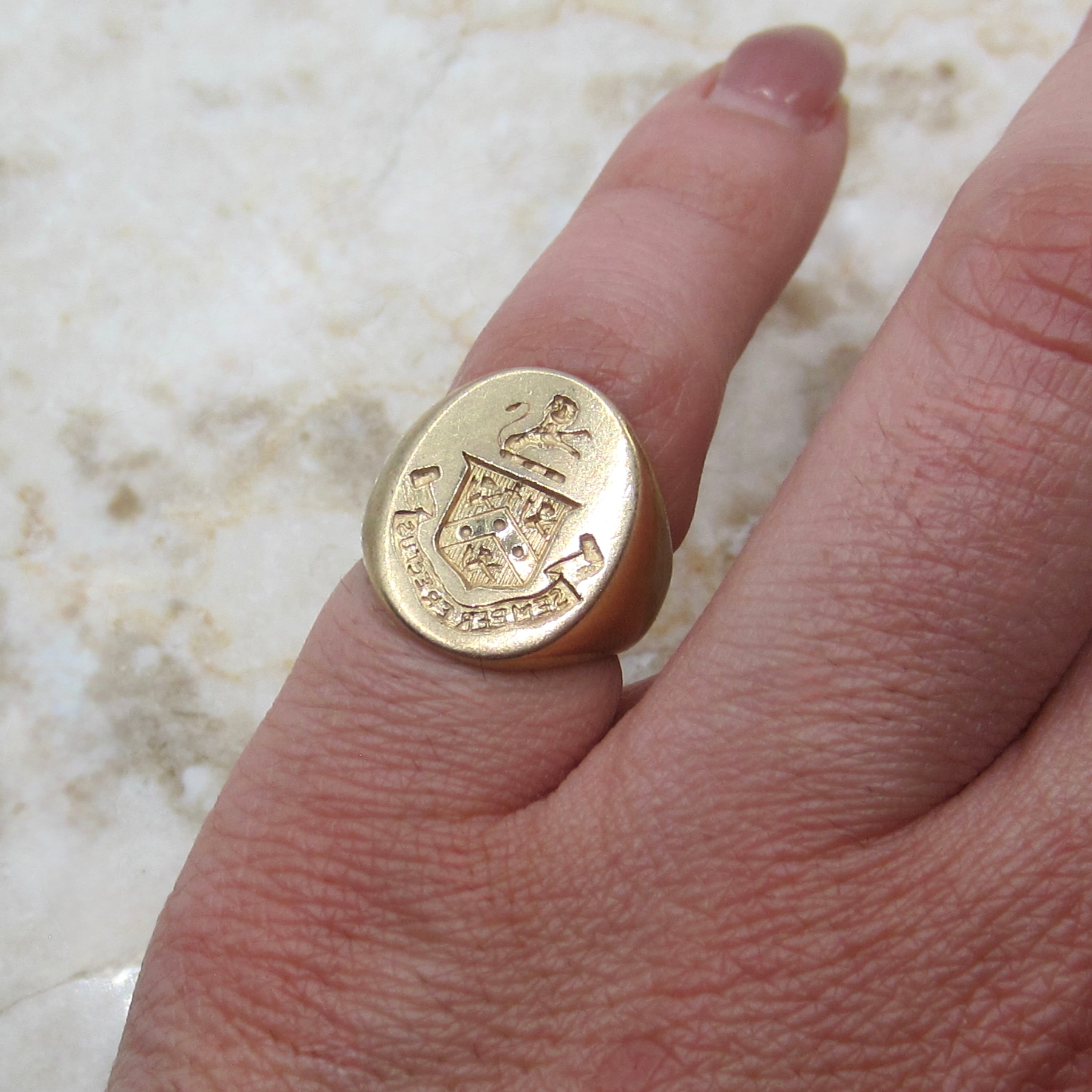 Antique 14K Gold Signet Ring – Heraldic Crest Shield Ring –Yellow Gold Pinky Ring – Semper Erectus c.1900