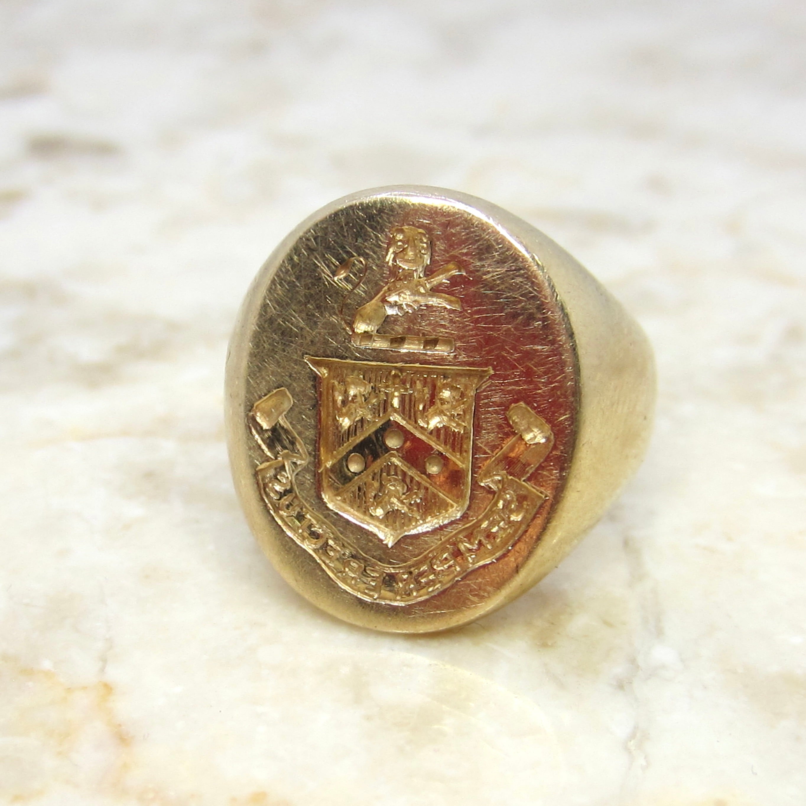 Antique 14K Gold Signet Ring – Heraldic Crest Shield Ring –Yellow Gold Pinky Ring – Semper Erectus c.1900