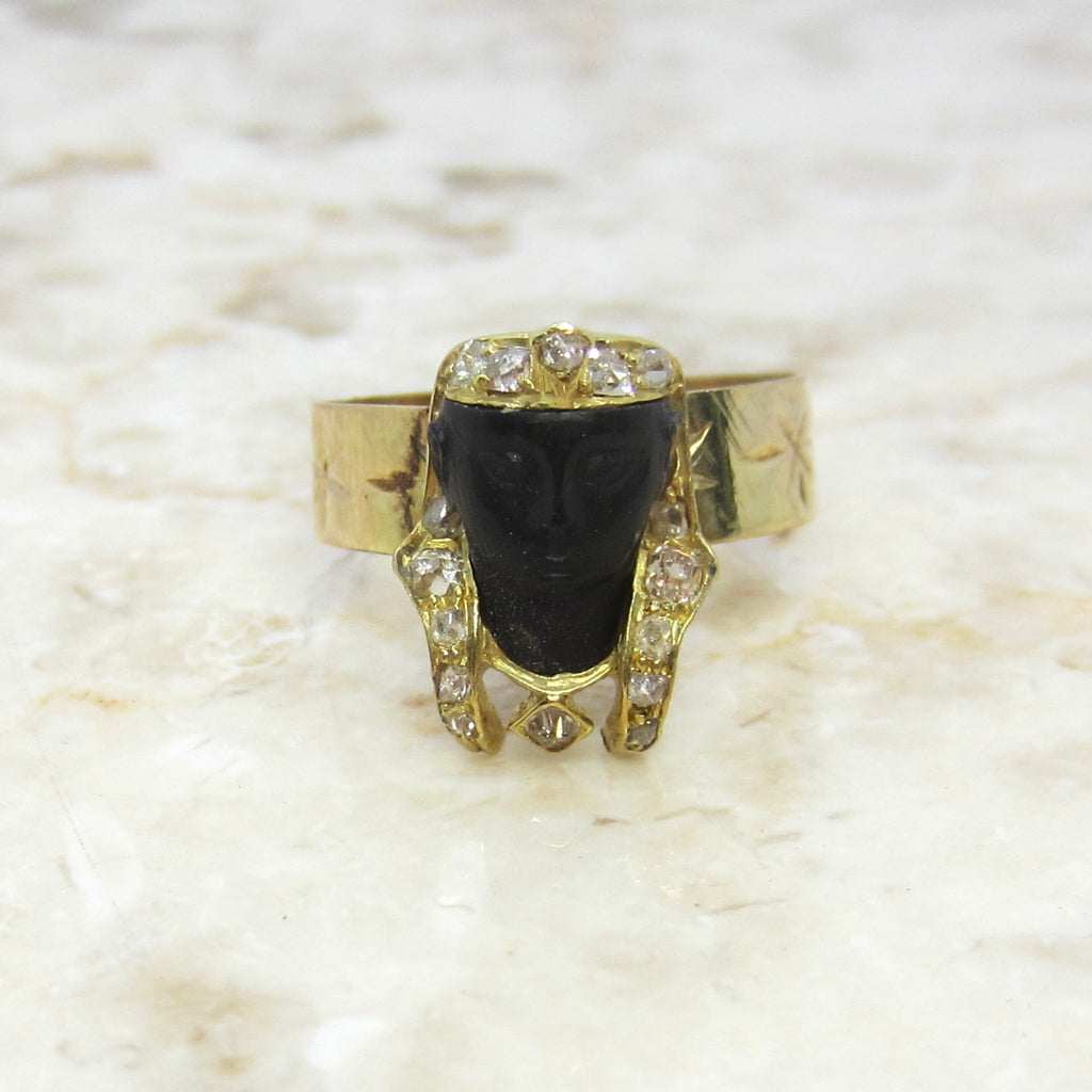 Antique Art Deco Egyptian Revival Pharaoh Ring with Rose Cut Diamonds
