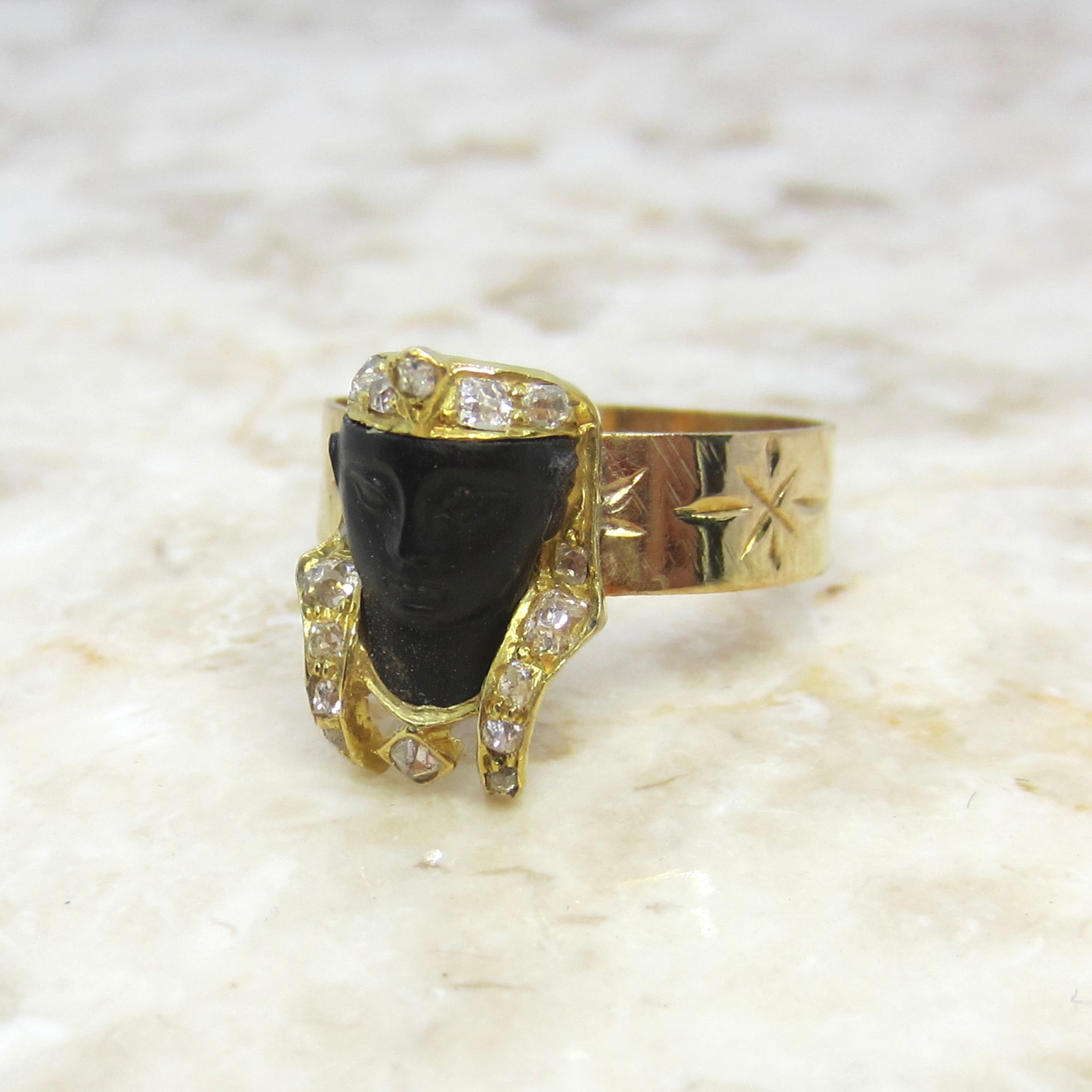Antique Art Deco Egyptian Revival Pharaoh Ring with Rose Cut Diamonds