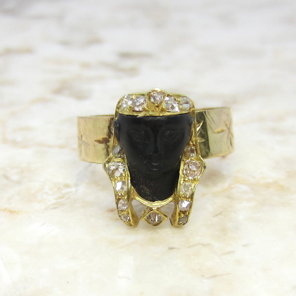 Antique Art Deco Egyptian Revival Pharaoh Ring with Rose Cut Diamonds