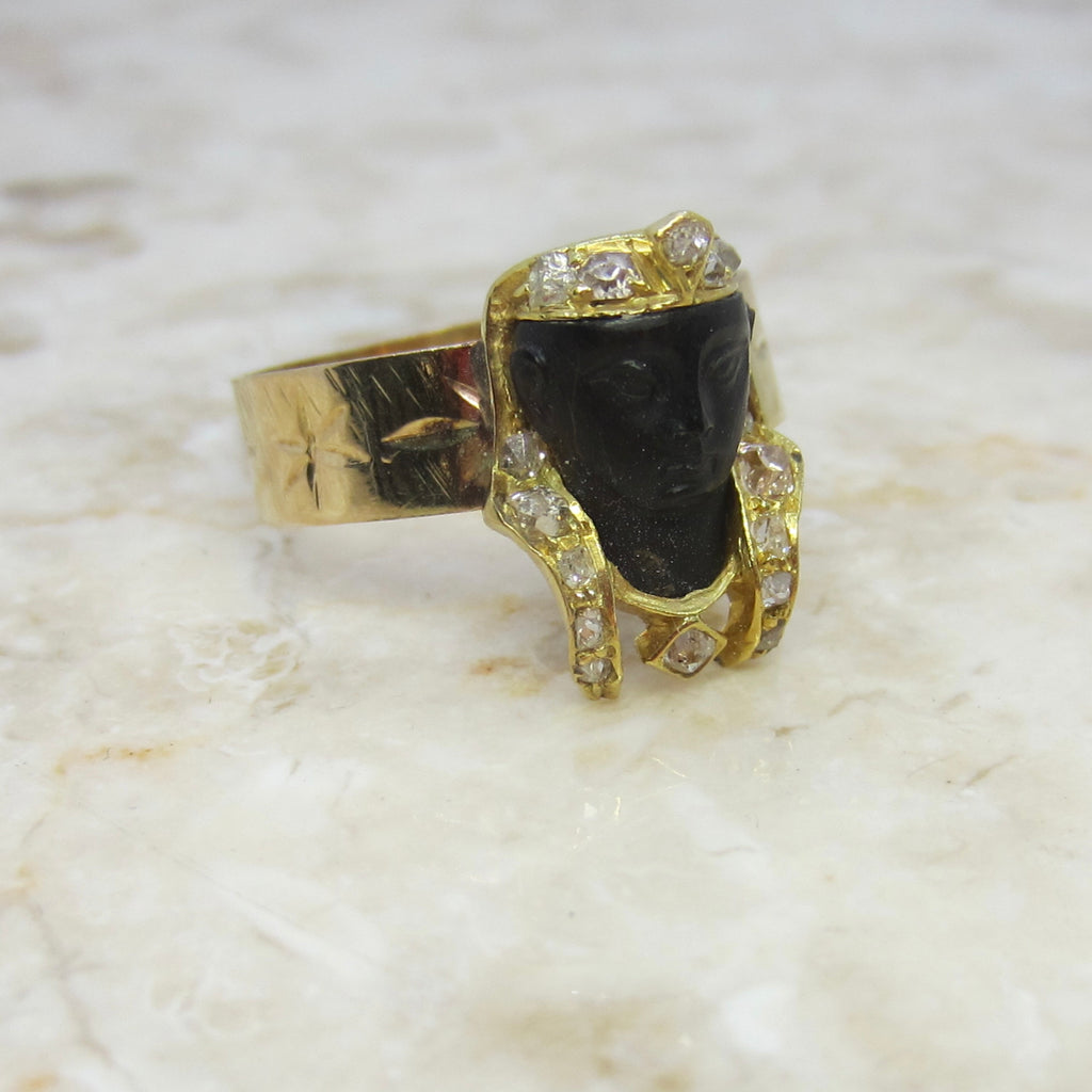 Antique Art Deco Egyptian Revival Pharaoh Ring with Rose Cut Diamonds