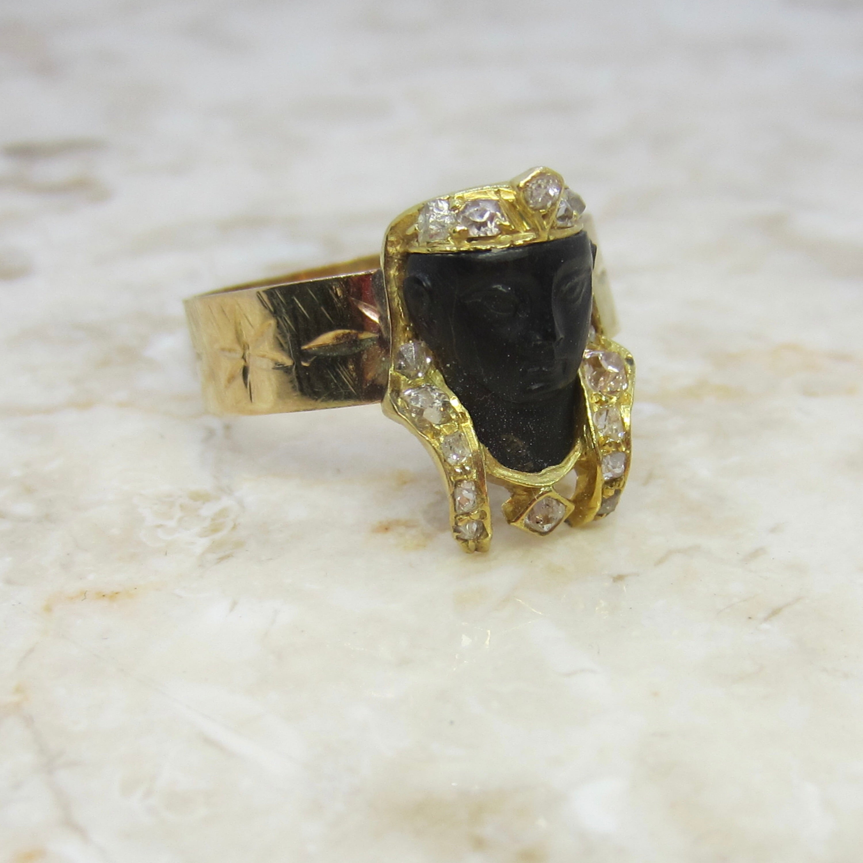Antique Art Deco Egyptian Revival Pharaoh Ring with Rose Cut Diamonds