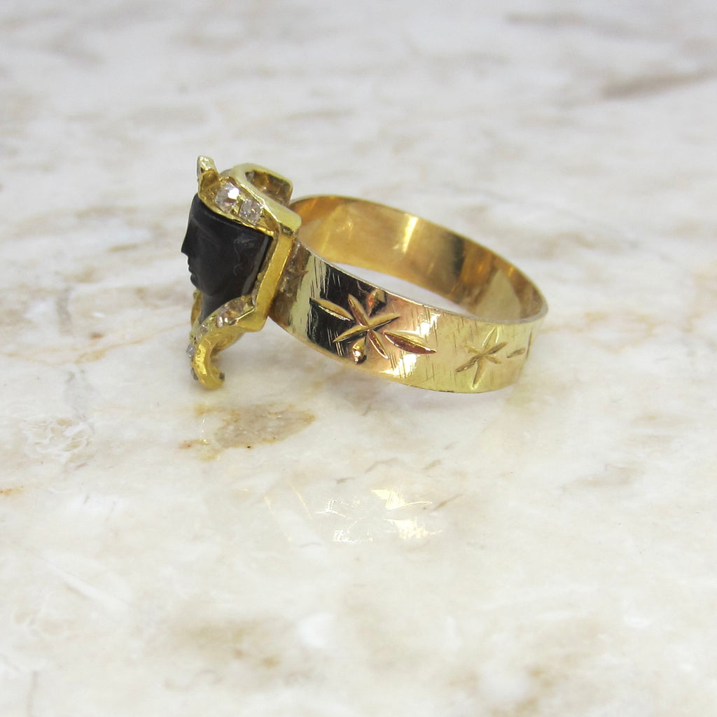 Antique Art Deco Egyptian Revival Pharaoh Ring with Rose Cut Diamonds
