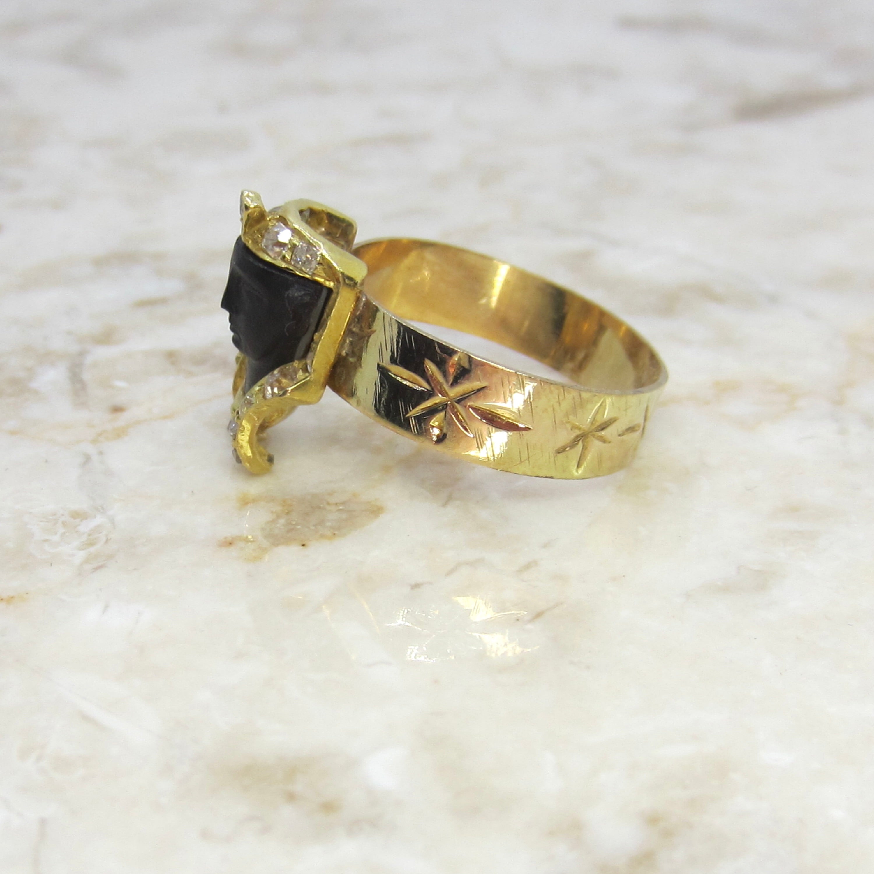 Antique Art Deco Egyptian Revival Pharaoh Ring with Rose Cut Diamonds