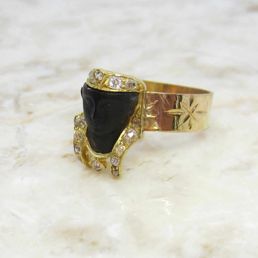 Antique Art Deco Egyptian Revival Pharaoh Ring with Rose Cut Diamonds