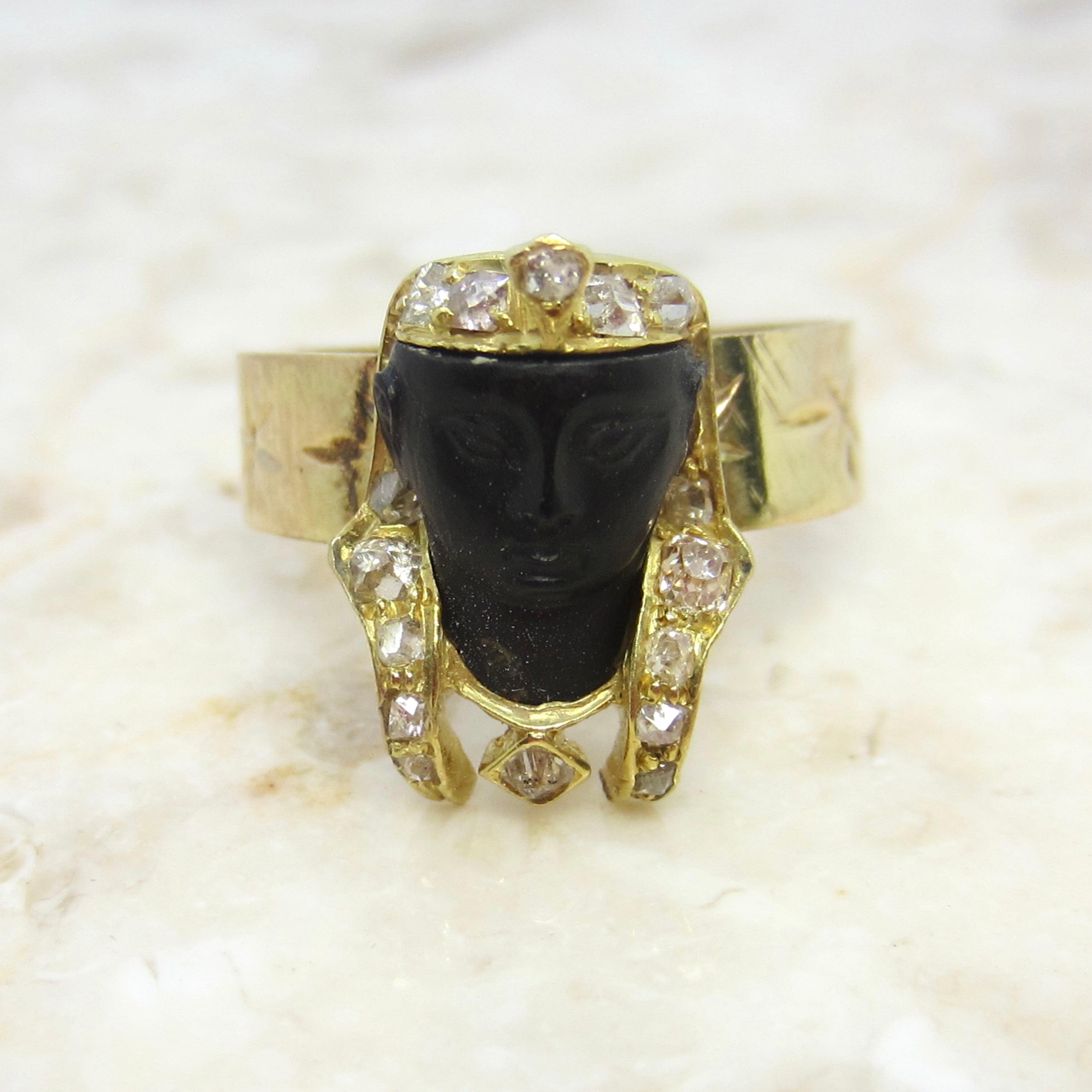 Antique Art Deco Egyptian Revival Pharaoh Ring with Rose Cut Diamonds
