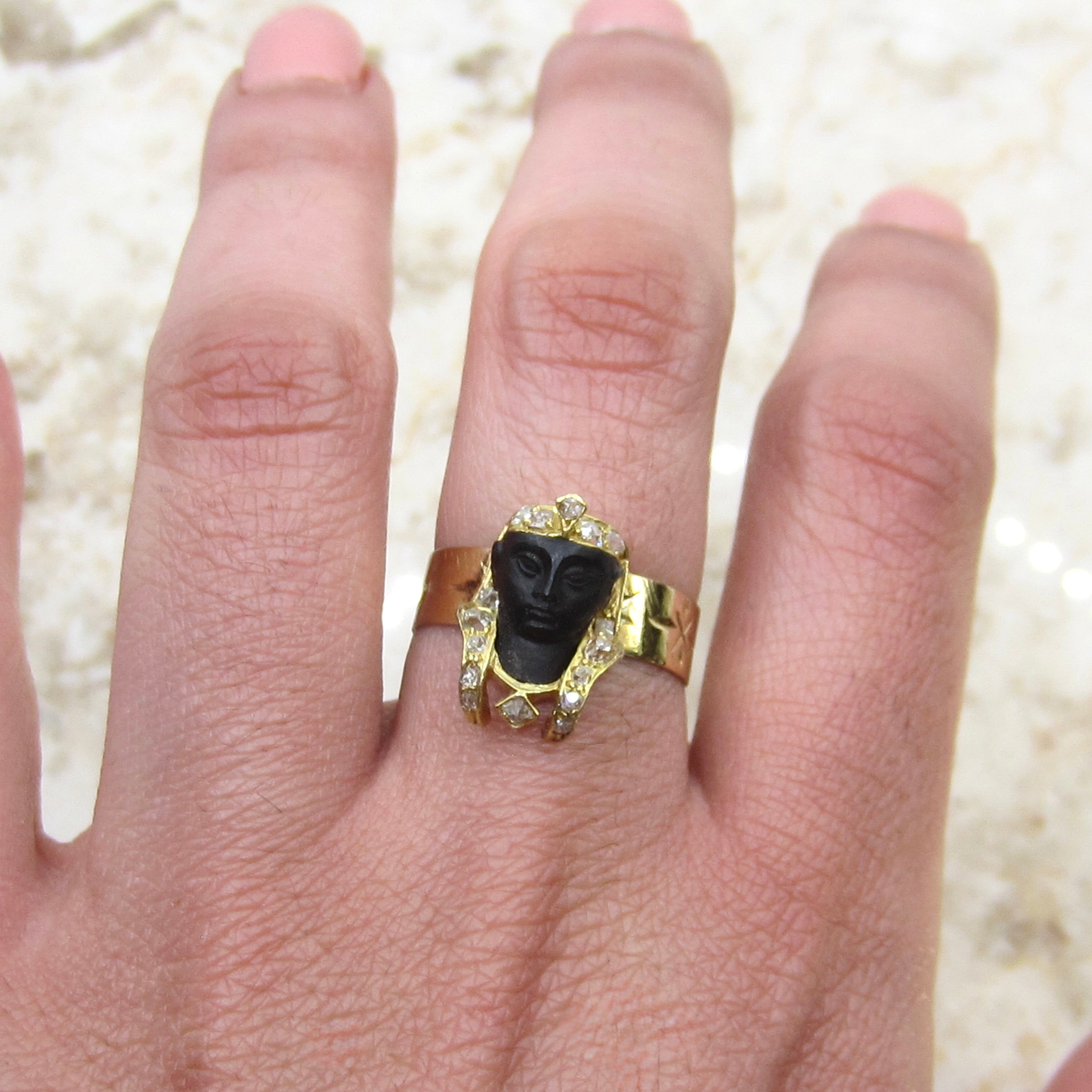 Antique Art Deco Egyptian Revival Pharaoh Ring with Rose Cut Diamonds