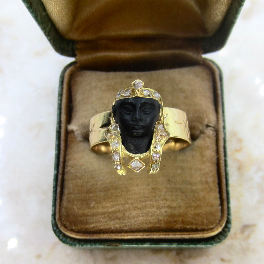 Antique Art Deco Egyptian Revival Pharaoh Ring with Rose Cut Diamonds