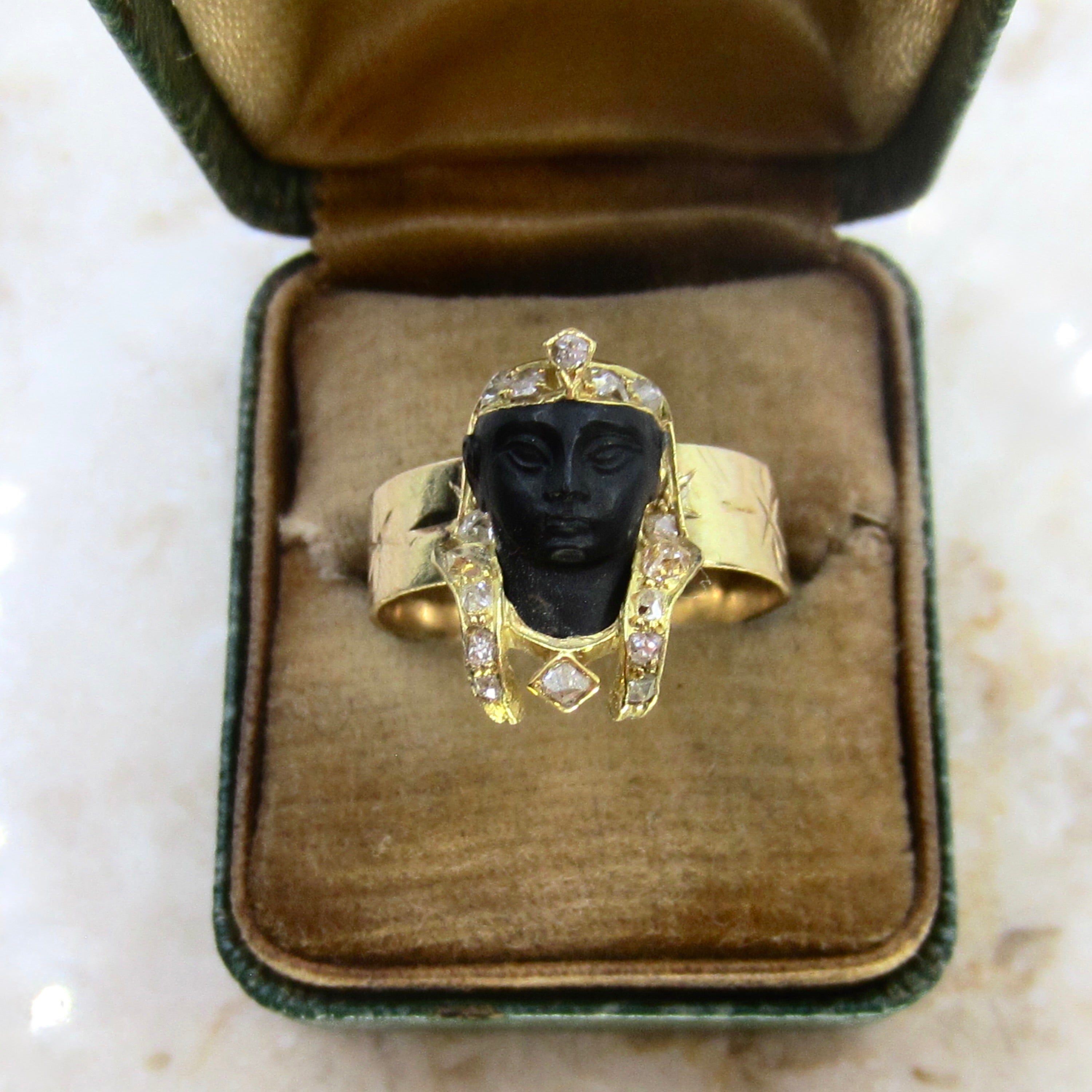 Antique Art Deco Egyptian Revival Pharaoh Ring with Rose Cut Diamonds
