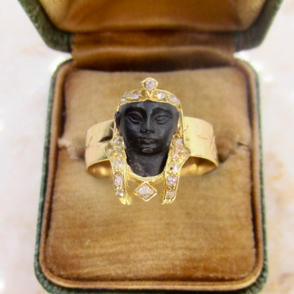 Antique Art Deco Egyptian Revival Pharaoh Ring with Rose Cut Diamonds