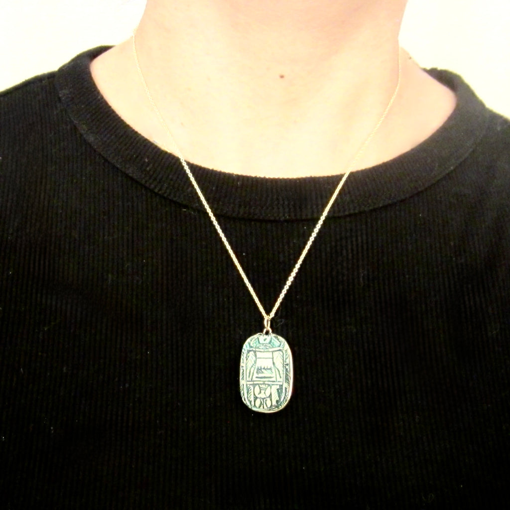 Vintage Large Faience Scarab Pendant in 14k Gold Frame