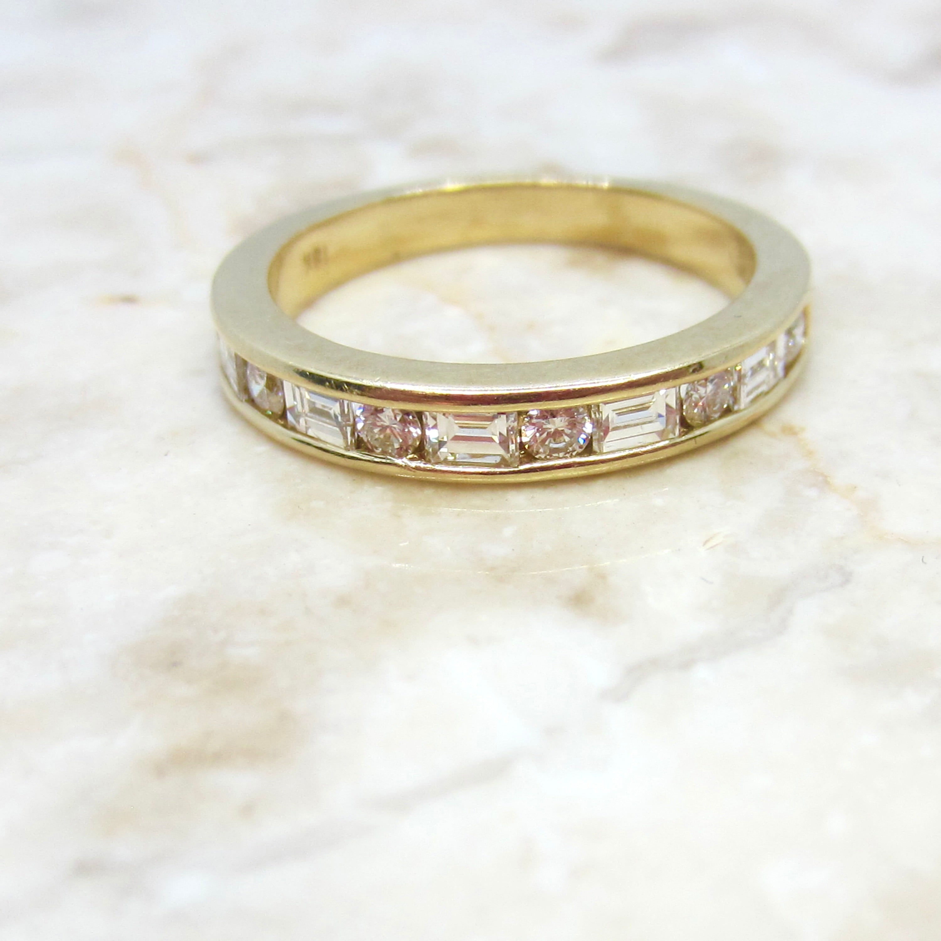 Estate 18k Gold Baguette and Round Cut Natural Diamond Band