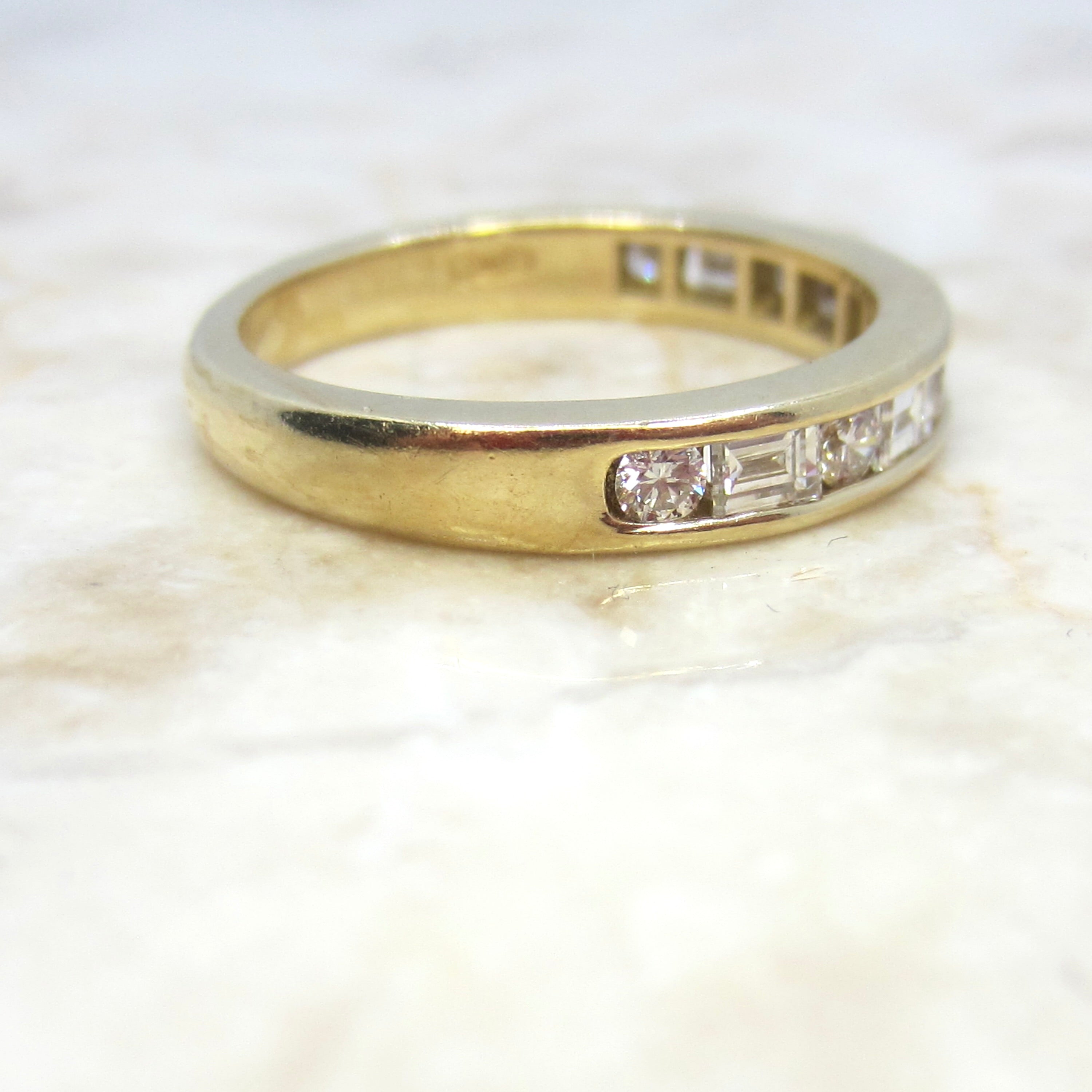 Estate 18k Gold Baguette and Round Cut Natural Diamond Band