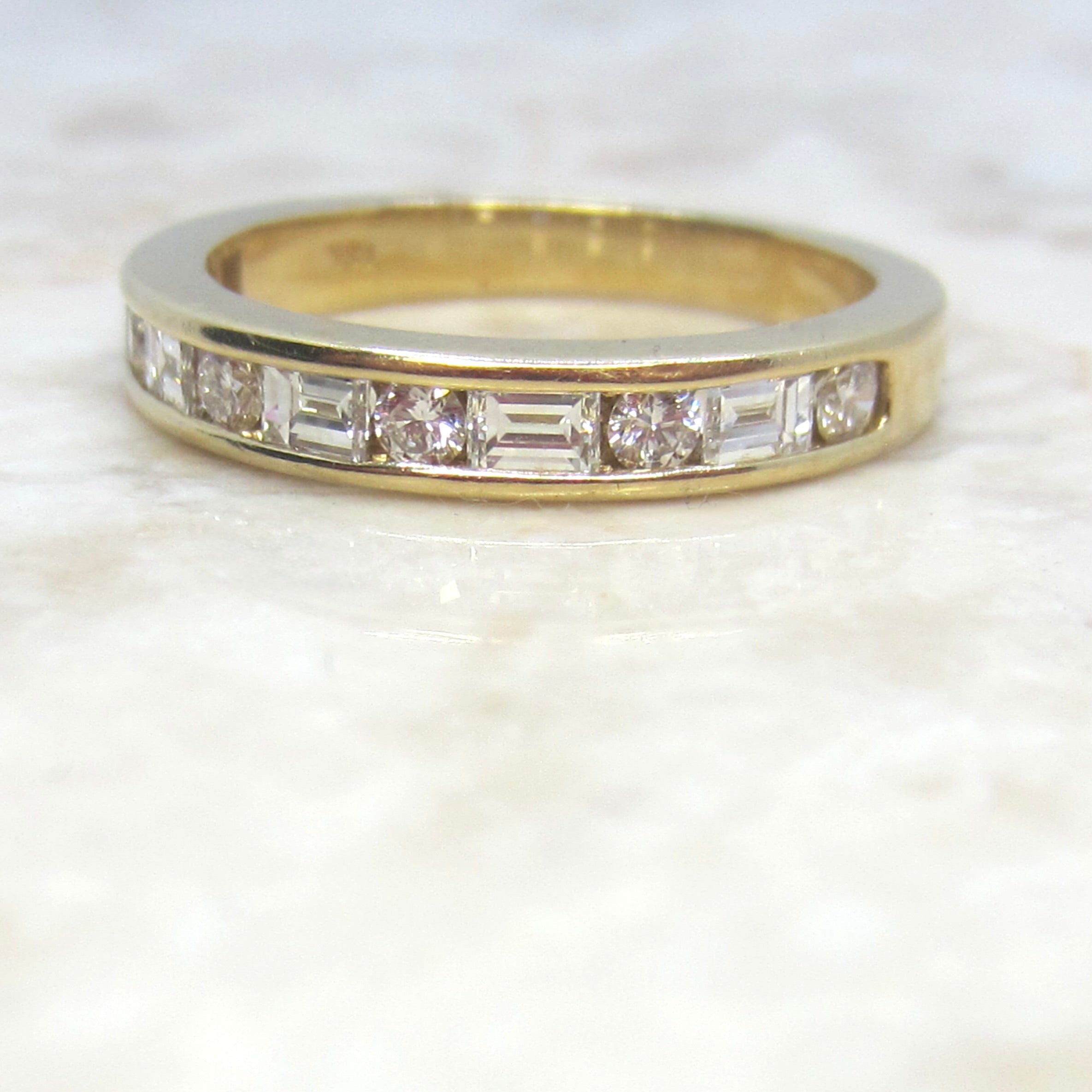 Estate 18k Gold Baguette and Round Cut Natural Diamond Band