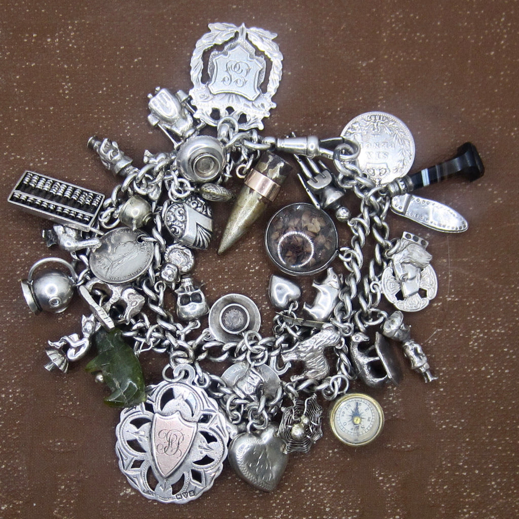 Antique Sterling Silver Charm Bracelet Rare Charms Hallmarked Peg Doll Dog Animals