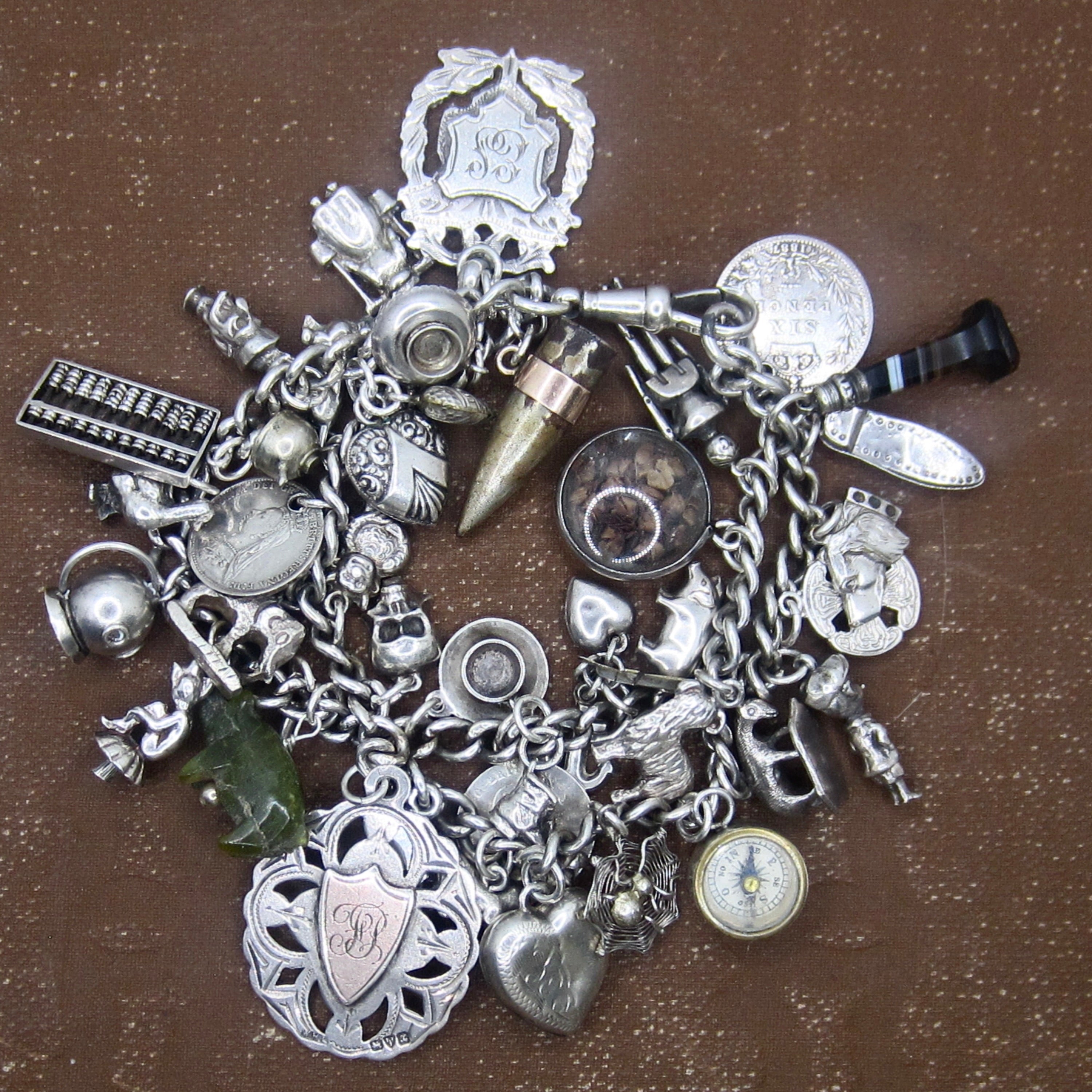 Antique Sterling Silver Charm Bracelet Rare Charms Hallmarked Peg Doll Dog Animals