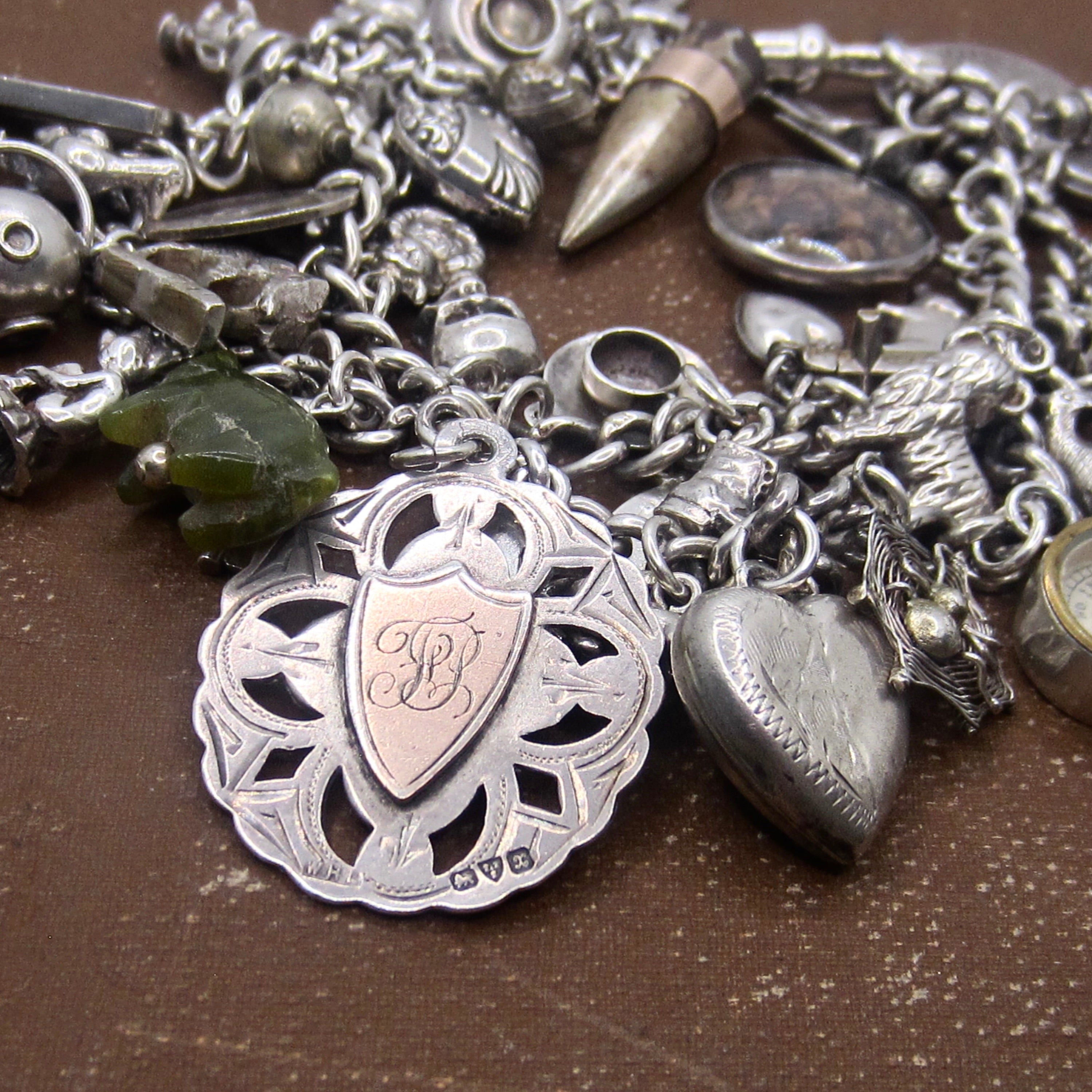 Antique Sterling Silver Charm Bracelet Rare Charms Hallmarked Peg Doll Dog Animals