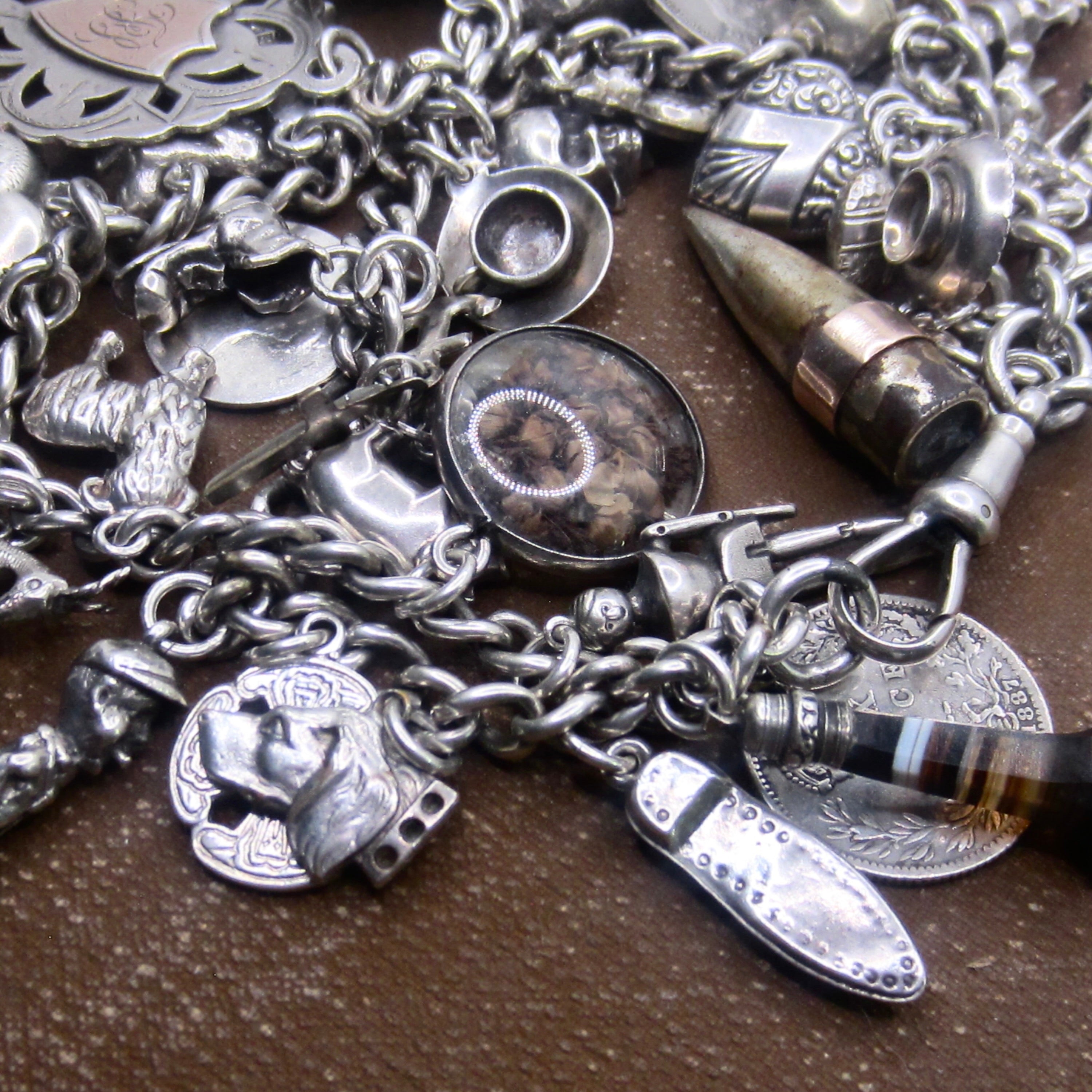 Antique Sterling Silver Charm Bracelet Rare Charms Hallmarked Peg Doll Dog Animals