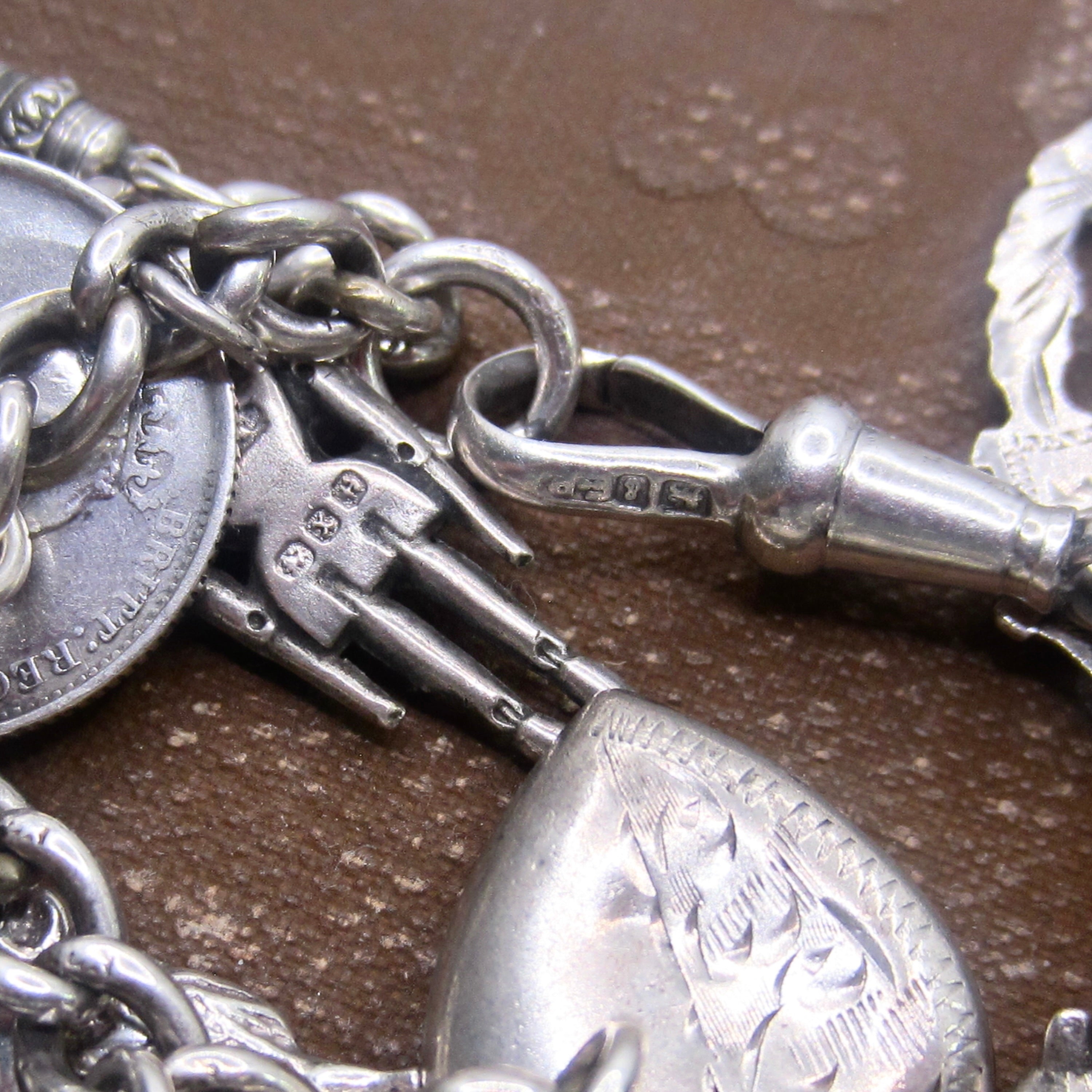 Antique Sterling Silver Charm Bracelet Rare Charms Hallmarked Peg Doll Dog Animals