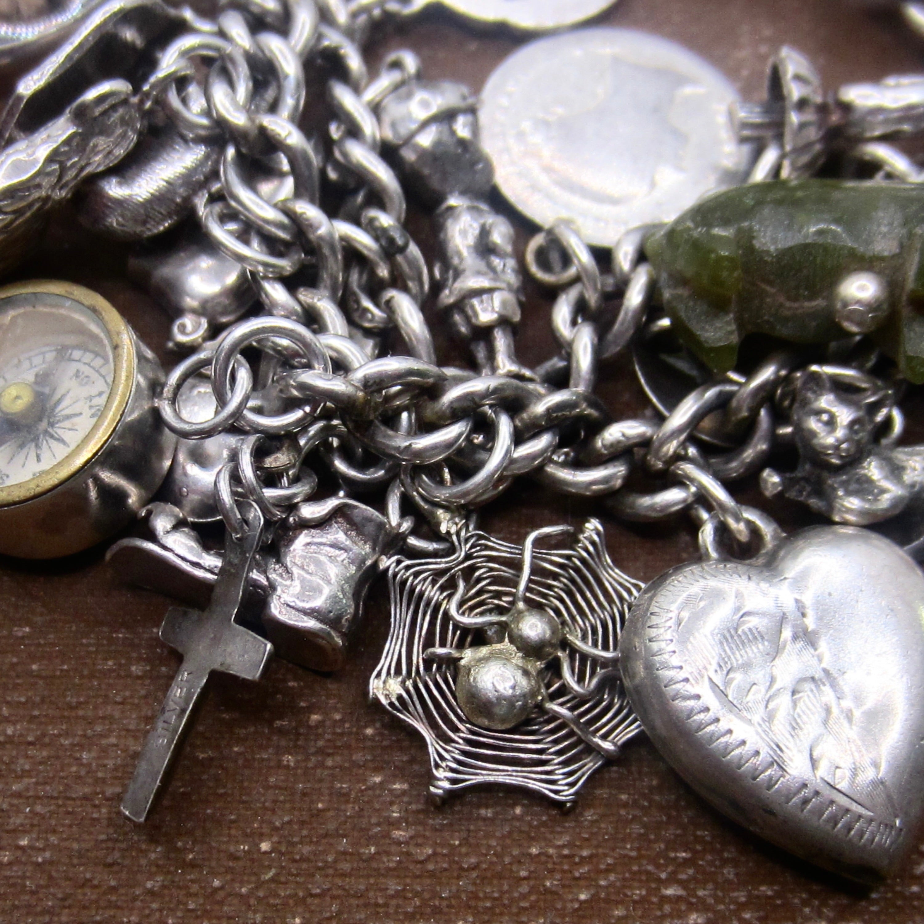 Antique Sterling Silver Charm Bracelet Rare Charms Hallmarked Peg Doll Dog Animals