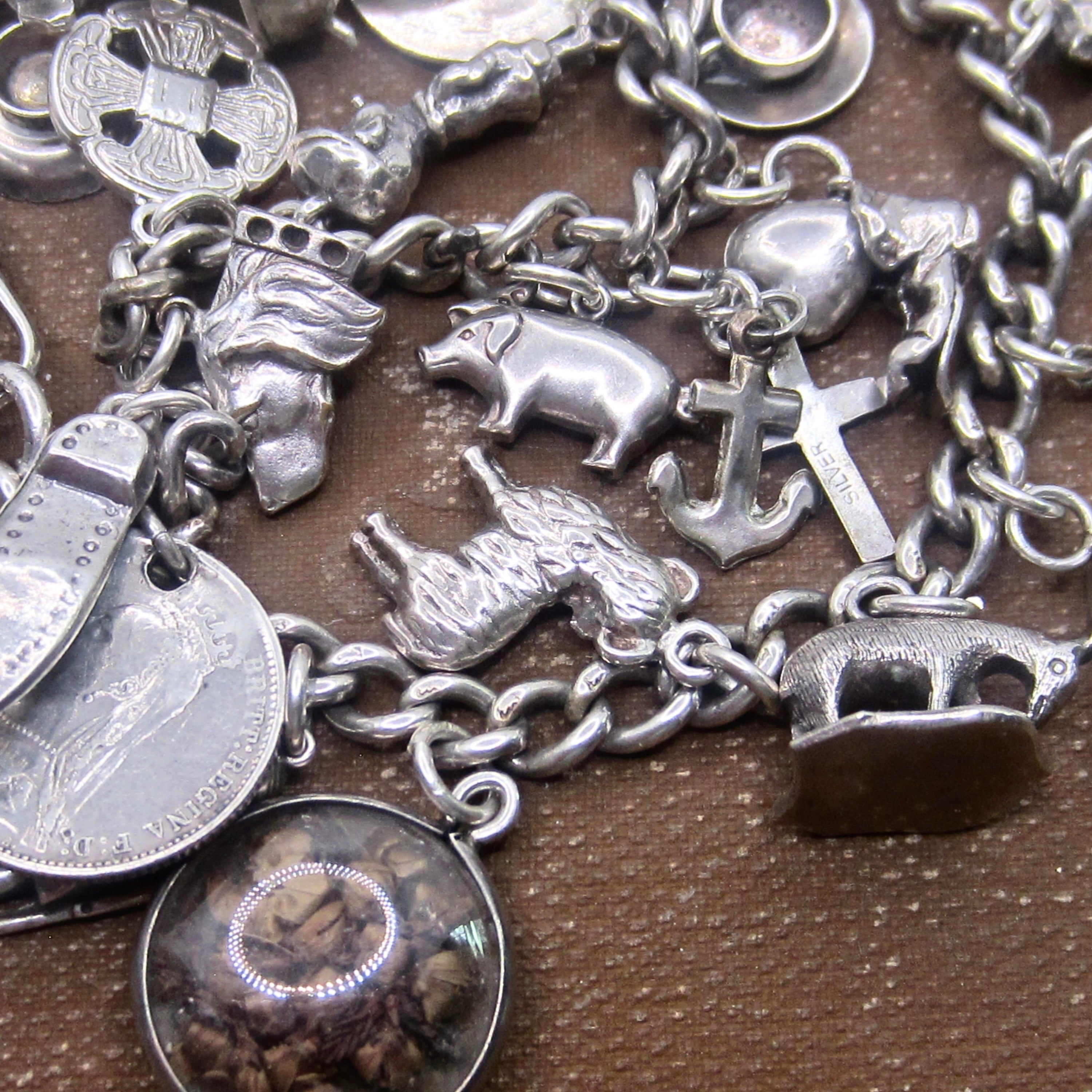Antique Sterling Silver Charm Bracelet Rare Charms Hallmarked Peg Doll Dog Animals