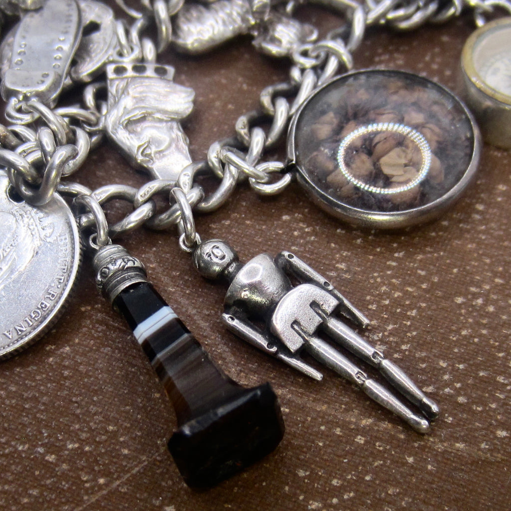 Antique Sterling Silver Charm Bracelet Rare Charms Hallmarked Peg Doll Dog Animals