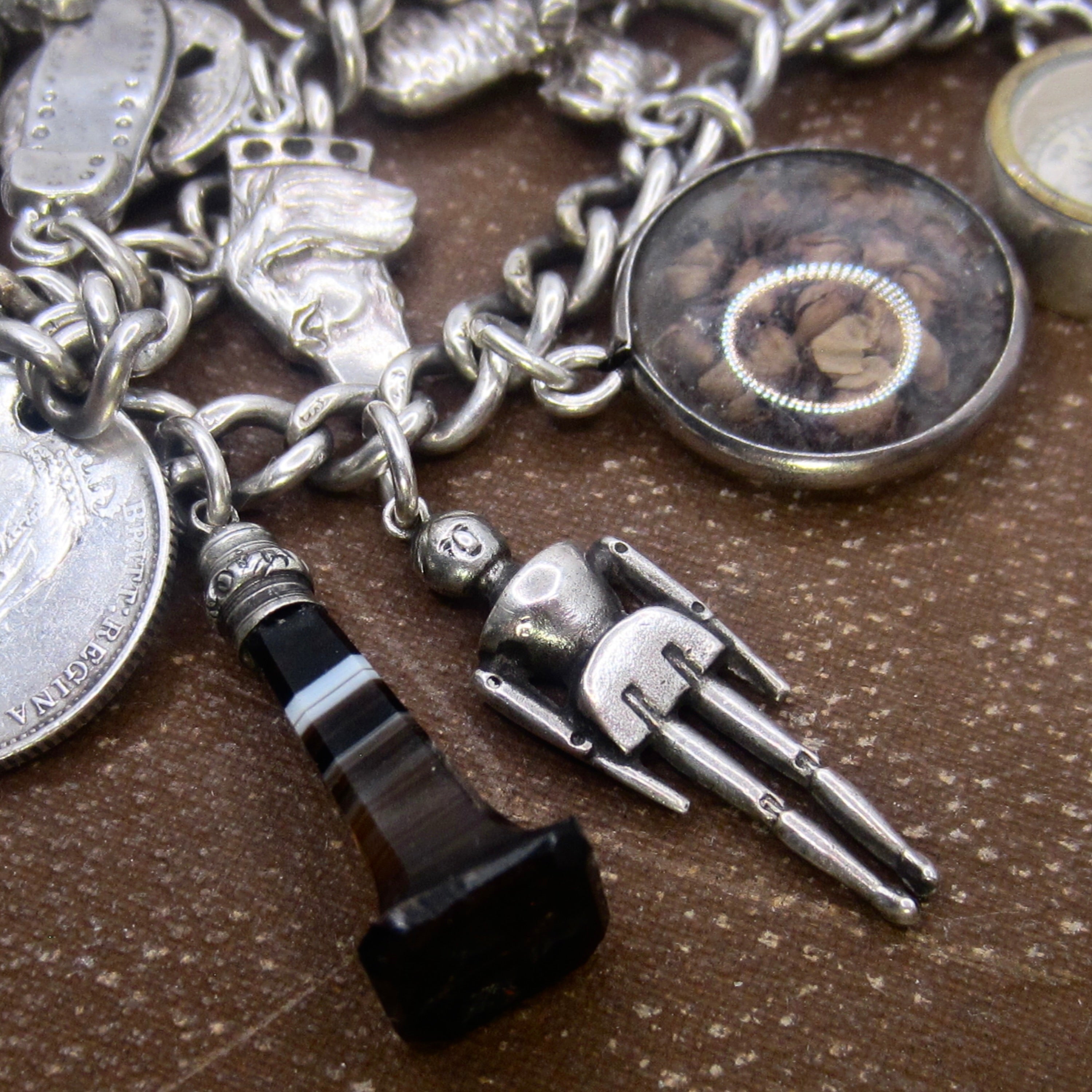 Antique Sterling Silver Charm Bracelet Rare Charms Hallmarked Peg Doll Dog Animals