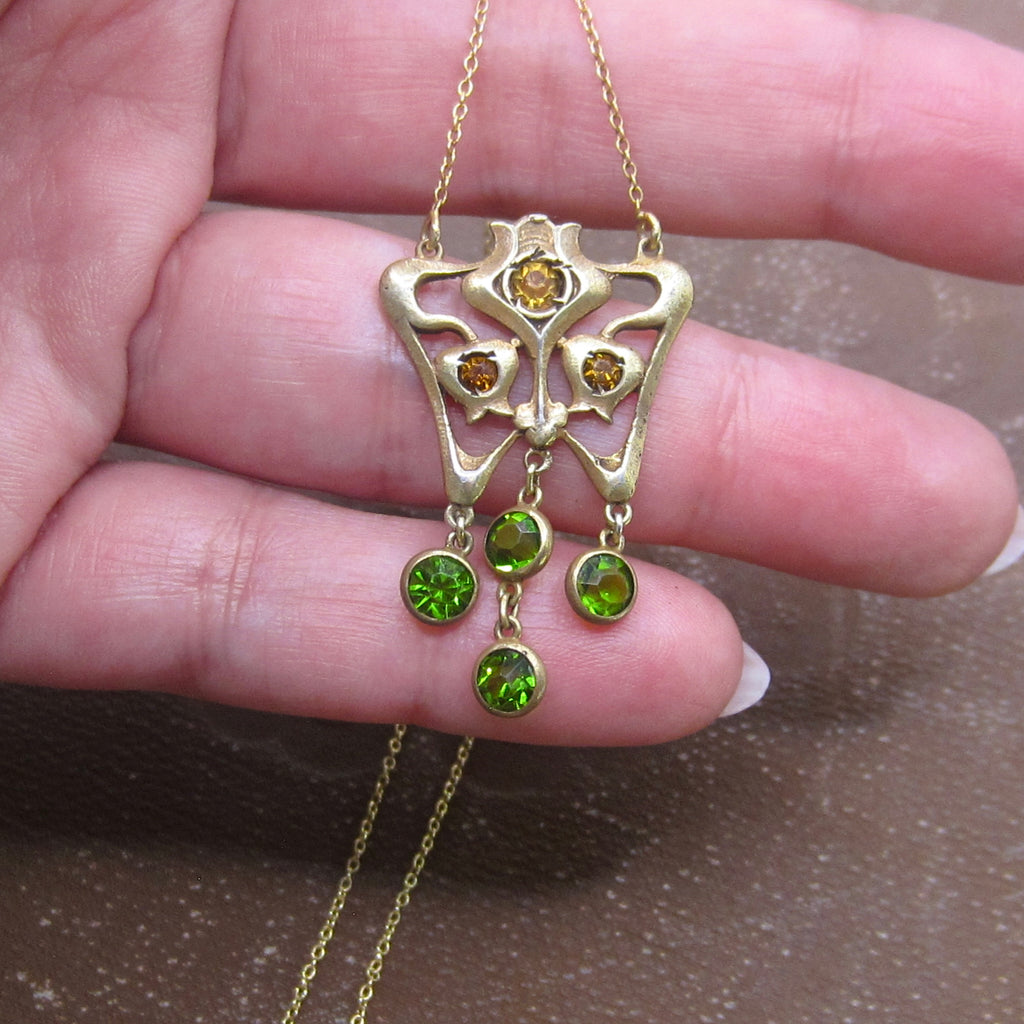 Antique Art Nouveau Sterling Gold Filled Paste Drop Necklace c.1910