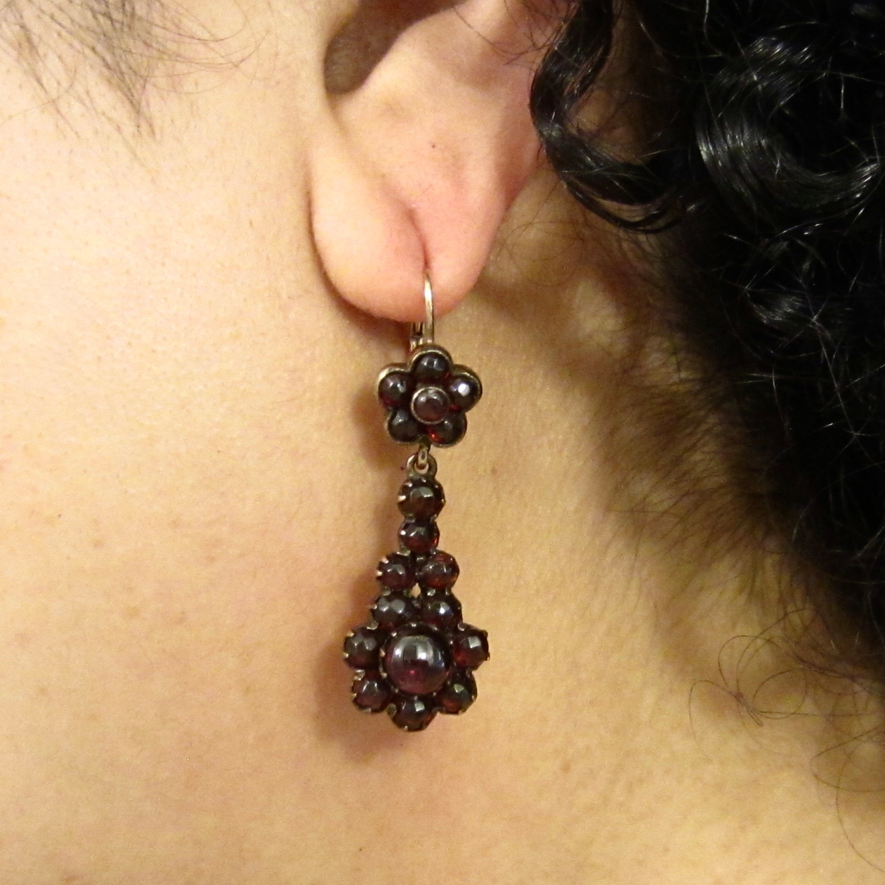 Antique Victorian Garnet Flower 14k Gold Ear wire Leverback Drop Earrings c.1900