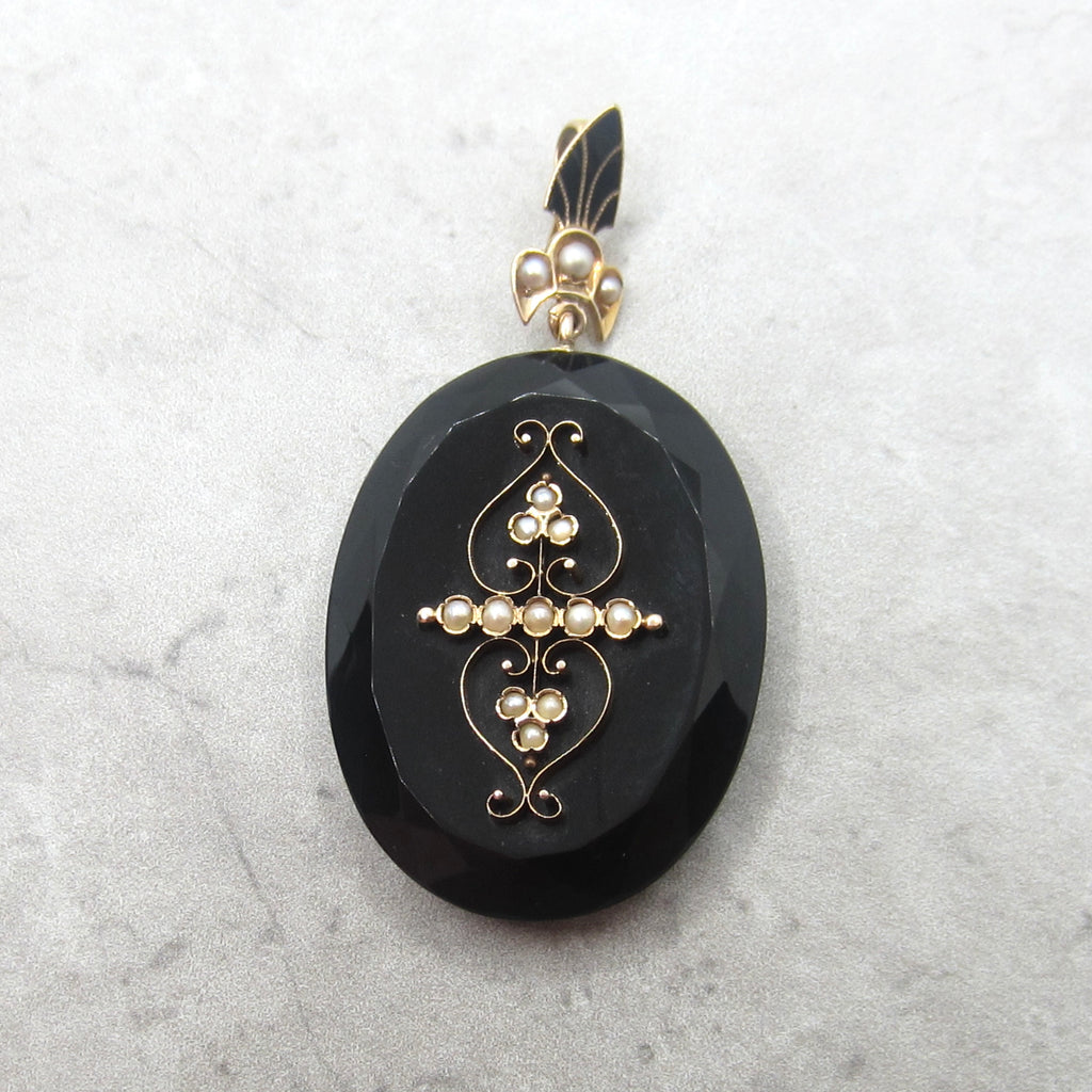 Antique Victorian 14k Gold Onyx Pearl and Enamel Locket c.1880s
