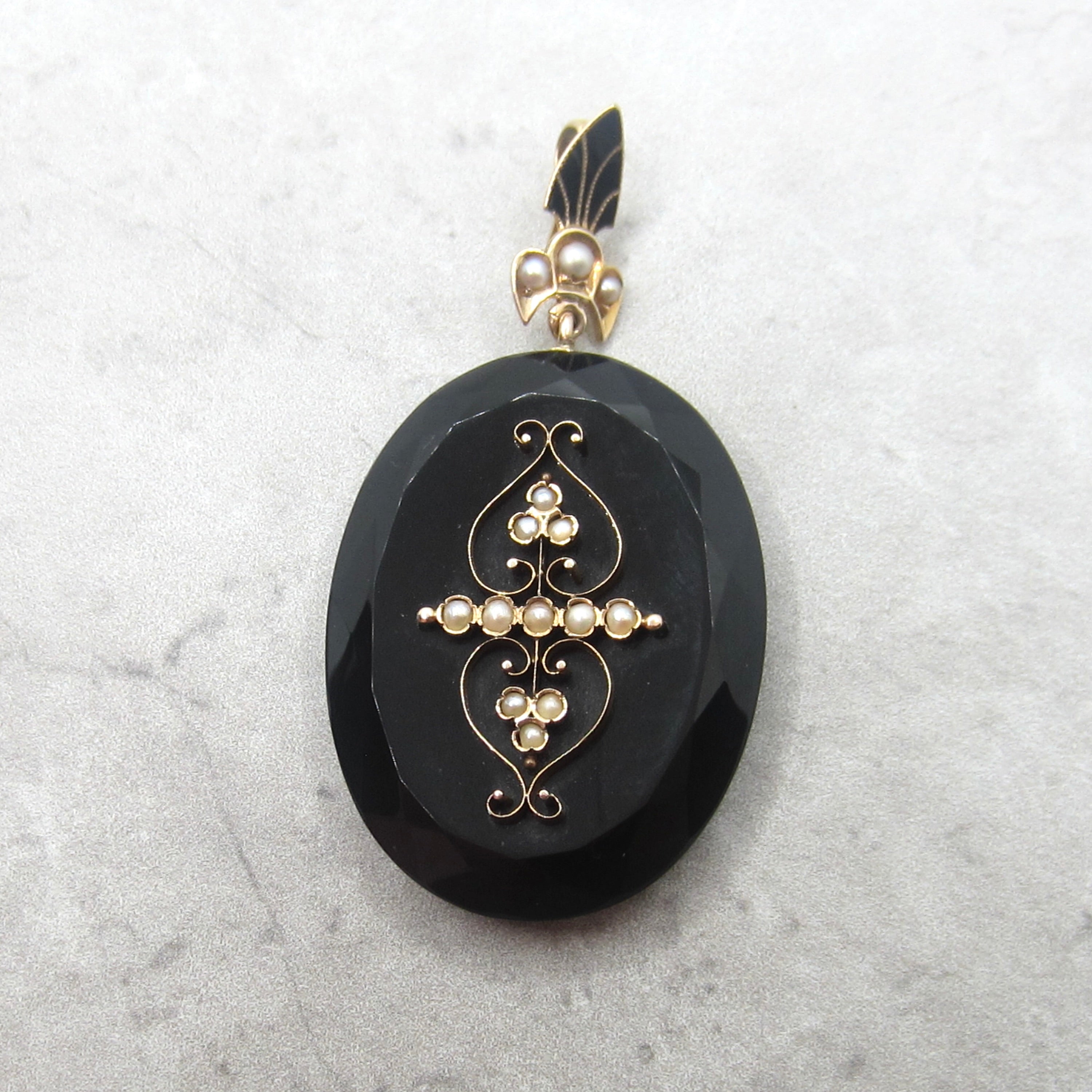 Antique Victorian 14k Gold Onyx Pearl and Enamel Locket c.1880s